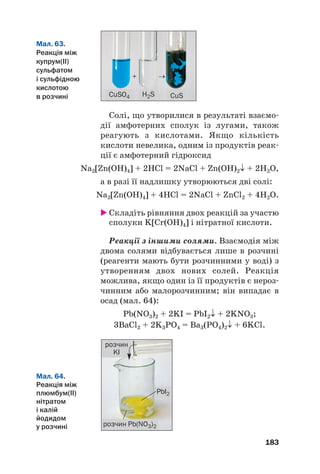 Солі, що утворилися в результаті взаємо#
дії амфотерних сполук із лугами, також
реагують з кислотами. Якщо кількість
кислоти невелика, одним із продуктів реак#
ції є амфотерний гідроксид
Na2[Zn(OH)4] + 2HCl = 2NaCl + Zn(OH)2↓ + 2H2О,
а в разі її надлишку утворюються дві солі:
Na2[Zn(OH)4] + 4HCl = 2NaCl + ZnCl2 + 4H2О.
 Складіть рівняння двох реакцій за участю
сполуки K[Cr(OH)4] і нітратної кислоти.
Реакції з іншими солями. Взаємодія між
двома солями відбувається лише в розчині
(реагенти мають бути розчинними у воді) з
утворенням двох нових солей. Реакція
можлива, якщо один із її продуктів є нероз#
чинним або малорозчинним; він випадає в
осад (мал. 64):
Pb(NO3)2 + 2KI = PbI2↓ + 2KNO3;
3BaCl2 + 2K3PO4 = Ba3(PO4)2↓ + 6KCl.
183
Мал. 63.
Реакція між
купрум(ІІ)
сульфатом
і сульфідною
кислотою
в розчині CuSO4
+ →
H2S CuS
Мал. 64.
Реакція між
плюмбум(ІІ)
нітратом
і калій
йодидом
у розчині розчин Pb(NO3)2
PbI2
розчин
KI
 