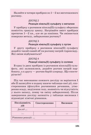 Налийте в чотири пробірки по 1—2 мл виготовленого
розчину.
ДОСЛІД 2
Реакція нікель(ІІ) сульфату з металом
У пробірку з розчином нікель(ІІ) сульфату обережно
помістіть гранулу цинку. Нагрівайте вміст пробірки
протягом 1—2 хв., але не до кипіння. Чи змінюється
поверхня металу, забарвлення розчину?
ДОСЛІД 3
Реакція нікель(ІІ) сульфату з лугом
У другу пробірку з розчином нікель(ІІ) сульфату
додайте такий самий об’єм розчину натрій гідроксиду.
Які зміни відбуваються?
ДОСЛІД 4
Реакції нікель(ІІ) сульфату із солями
В одну із двох пробірок із розчином нікель(ІІ) суль#
фату, які залишилися, додайте розчин натрій кар#
бонату, а в другу — розчин барій хлориду. Що спосте#
рігаєте?
Під час виконання кожного досліду за варіантом І
або ІІ записуйте в подану нижче таблицю свої дії, спо#
стереження (фіксуйте розчинення речовини, утво#
рення осаду, виділення газу, наявність чи відсутність
у нього запаху, появу чи зміну забарвлення). Після
завершення досліду запишіть у таблицю висновки і
відповідні хімічні рівняння.
191
Дослід ...
... ... ...
Рівняння реакції: ...
Послідовність
дій
Спостереження Висновки
 