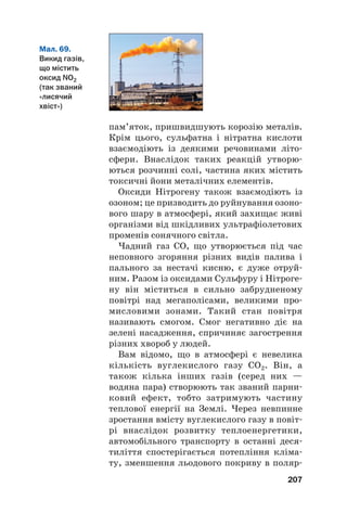 пам’яток, пришвидшують корозію металів.
Крім цього, сульфатна і нітратна кислоти
взаємодіють із деякими речовинами літо#
сфери. Внаслідок таких реакцій утворю#
ються розчинні солі, частина яких містить
токсичні йони металічних елементів.
Оксиди Нітрогену також взаємодіють із
озоном; це призводить до руйнування озоно#
вого шару в атмосфері, який захищає живі
організми від шкідливих ультрафіолетових
променів сонячного світла.
Чадний газ СО, що утворюється під час
неповного згоряння різних видів палива і
пального за нестачі кисню, є дуже отруй#
ним. Разом із оксидами Сульфуру і Нітроге#
ну він міститься в сильно забрудненому
повітрі над мегаполісами, великими про#
мисловими зонами. Такий стан повітря
називають смогом. Смог негативно діє на
зелені насадження, спричиняє загострення
різних хвороб у людей.
Вам відомо, що в атмосфері є невелика
кількість вуглекислого газу СО2. Він, а
також кілька інших газів (серед них —
водяна пара) створюють так званий парни#
ковий ефект, тобто затримують частину
теплової енергії на Землі. Через невпинне
зростання вмісту вуглекислого газу в повіт#
рі внаслідок розвитку теплоенергетики,
автомобільного транспорту в останні деся#
тиліття спостерігається потепління кліма#
ту, зменшення льодового покриву в поляр#
207
Мал. 69.
Викид газів,
що містить
оксид NO2
(так званий
«лисячий
хвіст»)
 