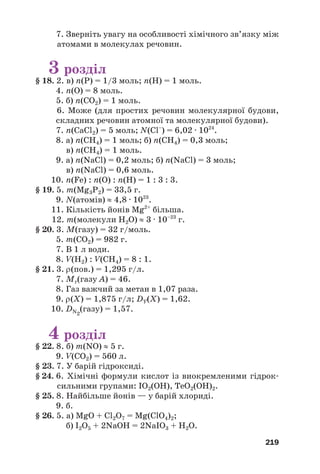 7. Зверніть увагу на особливості хімічного зв’язку між
атомами в молекулах речовин.
3 розділ
§ 18. 2. в) n(P) = 1/3 моль; n(H) = 1 моль.
4. n(O) = 8 моль.
5. б) n(CO2) = 1 моль.
6. Може (для простих речовин молекулярної будови,
складних речовин атомної та молекулярної будови).
7. n(CaCl2) = 5 моль; N(Сl–
) = 6,02 · 1024
.
8. а) n(CH4) = 1 моль; б) n(CH4) = 0,3 моль;
в) n(СН4) = 1 моль.
9. а) n(NaCl) = 0,2 моль; б) n(NaCl) = 3 моль;
в) n(NaCl) = 0,6 моль.
10. n(Fe) : n(O) : n(H) = 1 : 3 : 3.
§ 19. 5. m(Mg3P2) = 33,5 г.
9. N(атомів) ≈ 4,8 · 1023
.
11. Кількість йонів Mg2+
більша.
12. m(молекули Н2О) ≈ 3 · 10–23
г.
§ 20. 3. M(газу) = 32 г/моль.
5. m(CO2) = 982 г.
7. В 1 л води.
8. V(H2) : V(CH4) = 8 : 1.
§ 21. 3. ρ(пов.) = 1,295 г/л.
7. Mr(газу А) = 46.
8. Газ важчий за метан в 1,07 раза.
9. ρ(Х) = 1,875 г/л; DY(Х) = 1,62.
10. DN2
(газу) = 1,57.
4 розділ
§ 22. 8. б) m(NO) ≈ 5 г.
9. V(CO2) = 560 л.
§ 23. 7. У барій гідроксиді.
§ 24. 6. Хімічні формули кислот із виокремленими гідрок#
сильними групами: ІО2(ОН), ТеО2(ОН)2.
§ 25. 8. Найбільше йонів — у барій хлориді.
9. б.
§ 26. 5. а) MgO + Cl2O7 = Mg(ClO4)2;
б) I2O5 + 2NaOH = 2NaIO3 + H2O.
219
 