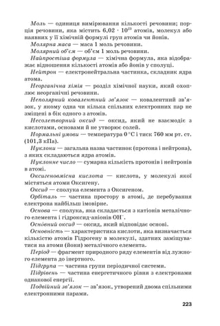 Моль — одиниця вимірювання кількості речовини; пор#
ція речовини, яка містить 6,02 · 1023
атомів, молекул або
наявних у її хімічній формулі груп атомів чи йонів.
Молярна маса — маса 1 моль речовини.
Молярний об’єм — об’єм 1 моль речовини.
Найпростіша формула — хімічна формула, яка відобра#
жає відношення кількості атомів або йонів у сполуці.
Нейтрон — електронейтральна частинка, складник ядра
атома.
Неорганічна хімія — розділ хімічної науки, який охоп#
лює неорганічні речовини.
Неполярний ковалентний зв’язок — ковалентний зв’я#
зок, у якому одна чи кілька спільних електронних пар не
зміщені в бік одного з атомів.
Несолетворний оксид — оксид, який не взаємодіє з
кислотами, основами й не утворює солей.
Нормальні умови — температура 0 °С і тиск 760 мм рт. ст.
(101,3 кПа).
Нуклони — загальна назва частинок (протона і нейтрона),
з яких складаються ядра атомів.
Нуклонне число — сумарна кількість протонів і нейтронів
в атомі.
Оксигеновмісна кислота — кислота, у молекулі якої
містяться атоми Оксигену.
Оксид — сполука елемента з Оксигеном.
Орбіталь — частина простору в атомі, де перебування
електрона найбільш імовірне.
Основа — сполука, яка складається з катіонів металічно#
го елемента і гідроксид#аніонів ОН–
.
Оснвний оксид — оксид, який відповідає основі.
Основність — характеристика кислоти, яка визначається
кількістю атомів Гідрогену в молекулі, здатних заміщува#
тися на атоми (йони) металічного елемента.
Період — фрагмент природного ряду елементів від лужно#
го елемента до інертного.
Підгрупа — частина групи періодичної системи.
Підрівень — частина енергетичного рівня з електронами
однакової енергії.
Подвійний зв’язок — зв’язок, утворений двома спільними
електронними парами.
223
 