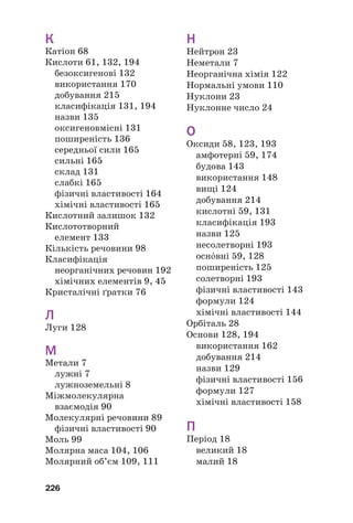 226
К
Катіон 68
Кислоти 61, 132, 194
безоксигенові 132
використання 170
добування 215
класифікація 131, 194
назви 135
оксигеновмісні 131
поширеність 136
середньої сили 165
сильні 165
склад 131
слабкі 165
фізичні властивості 164
хімічні властивості 165
Кислотний залишок 132
Кислототворний
елемент 133
Кількість речовини 98
Класифікація
неорганічних речовин 192
хімічних елементів 9, 45
Кристалічні ґратки 76
Л
Луги 128
М
Метали 7
лужні 7
лужноземельні 8
Міжмолекулярна
взаємодія 90
Молекулярні речовини 89
фізичні властивості 90
Моль 99
Молярна маса 104, 106
Молярний об’єм 109, 111
Н
Нейтрон 23
Неметали 7
Неорганічна хімія 122
Нормальні умови 110
Нуклони 23
Нуклонне число 24
О
Оксиди 58, 123, 193
амфотерні 59, 174
будова 143
використання 148
вищі 124
добування 214
кислотні 59, 131
класифікація 193
назви 125
несолетворні 193
оснвні 59, 128
поширеність 125
солетворні 193
фізичні властивості 143
формули 124
хімічні властивості 144
Орбіталь 28
Основи 128, 194
використання 162
добування 214
назви 129
фізичні властивості 156
формули 127
хімічні властивості 158
П
Період 18
великий 18
малий 18
 