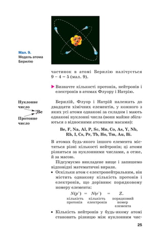 частинок в атомі Берилію налічується
9 – 4 = 5 (мал. 9).
 Визначте кількості протонів, нейтронів і
електронів в атомах Флуору і Натрію.
Берилій, Флуор і Натрій належать до
двадцяти хімічних елементів, у кожного з
яких усі атоми однакові за складом і мають
однакові нуклонні числа (вони майже збіга#
ються з відносними атомними масами):
Be, F, Na, Al, P, Sc, Mn, Co, As, Y, Nb,
Rh, I, Cs, Pr, Tb, Ho, Tm, Au, Bi.
В атомах будь#якого іншого елемента міс#
тяться різні кількості нейтронів; ці атоми
різняться за нуклонними числами, а отже,
й за масою.
Підсумуємо викладене вище і запишемо
відповідні математичні вирази.
• Оскільки атом є електронейтральним, він
містить однакову кількість протонів і
електронів, що дорівнює порядковому
номеру елемента:
N(p+
) = N(е–
) = Z.
кількість кількість порядковий
протонів електронів номер
елемента
• Кількість нейтронів у будь#якому атомі
становить різницю між нуклонним чис#
25
Мал. 9.
Модель атома
Берилію
Нуклонне
число
Протонне
число
9
4Ве
 