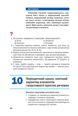 1
10
0
1
10
0
ВИСНОВКИ
Хімічний елемент характеризують, ука(
зуючи його місце в періодичній системі,
символ, порядковий номер, відносну атом(
ну масу, склад і електронну будову атома,
хімічний характер, тип, значення валент(
ності. Крім цього, наводять назву і тип прос(
тої речовини елемента.
?
1. За планом, наведеним у параграфі, охарактеризуйте:
а) Літій; в) Алюміній;
б) Оксиген; г) Сульфур.
2. У поданому переліку вкажіть хімічні елементи, для яких не
можна визначити кількість нейтронів у ядрі атома за відносною
атомною масою: Na, Cl, H, Al, Fe.
3. Назвіть кілька хімічних елементів, максимальні значення валент
ності яких не збігаються з номерами груп, де вони розміщені.
4. Неметалічні елементи яких груп періодичної системи мають
мінімальне значення валентності, що дорівнює 2? Назвіть ці
елементи.
5. У чому подібні водень і хлор — проста речовина елемента
VII групи? Чим відрізняється водень від натрію — простої речо
вини елемента І групи?
52
Періодичний закон, хімічний
характер елементів
і властивості простих речовин
Матеріал параграфа допоможе вам:

 з’ясувати, як змінюється характер елементів у
періодах і головних підгрупах;

 передбачати хімічні властивості простих речо
вин та їх активність з урахуванням розміщення
елементів у періодичній системі.
 