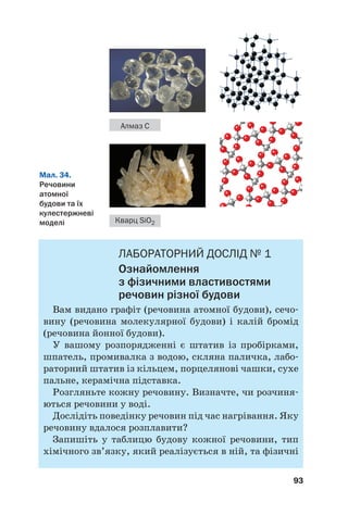 ЛАБОРАТОРНИЙ ДОСЛІД № 1
Ознайомлення
з фізичними властивостями
речовин різної будови
Вам видано графіт (речовина атомної будови), сечо#
вину (речовина молекулярної будови) і калій бромід
(речовина йонної будови).
У вашому розпорядженні є штатив із пробірками,
шпатель, промивалка з водою, скляна паличка, лабо#
раторний штатив із кільцем, порцелянові чашки, сухе
пальне, керамічна підставка.
Розгляньте кожну речовину. Визначте, чи розчиня#
ються речовини у воді.
Дослідіть поведінку речовин під час нагрівання. Яку
речовину вдалося розплавити?
Запишіть у таблицю будову кожної речовини, тип
хімічного зв’язку, який реалізується в ній, та фізичні
93
Мал. 34.
Речовини
атомної
будови та їх
кулестержневі
моделі
Алмаз С
Кварц SiO2
 