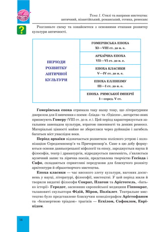 14
Розгляньте схему та ознайомтеся з основними етапами розвитку
культури античності.
ПЕРІОДИ
РОЗВИТКУ
АНТИЧНОЇ
КУЛЬТУРИ
ГОМЕРІВСЬКА ЕПОХА
XI—VIII ст. до н. е.
АРХАЇЧНА ЕПОХА
VII—VI ст. до н. е.
ЕПОХА КЛАСИКИ
V—IV ст. до н. е.
ЕПОХА ЕЛЛІНІЗМУ
III—I ст. до н. е.
ЕПОХА РИМСЬКОЇ ІМПЕРІЇ
I—серед. V ст.
Гомерівська епоха отримала таку назву тому, що літературним
джерелом для її вивчення є поеми «Іліада» та «Одіссея», авторство яких
приписують Гомеру (VIII ст. до н. е.). Цей період характеризується за-
гальним занепадом культури, втратою писемності та деяких ремесел.
Матеріальні цінності майже не збереглися через руйнацію і загибель
багатьох міст унаслідок воєн.
Період архаїки відзначається розвитком полісного устрою і коло-
нізацією Середземномор’я та Причорномор’я. Саме в цю добу форму-
ються основи давньогрецької міфології та епосу, зароджується наука й
філософія, театр і драматургія, відроджується писемність, з’являється
музичний запис та лірична поезія, представлена творчістю Гесіода і
Сафо, складаються сприятливі передумови для блискучого розквіту
архітектури й образотворчого мистецтва.
Епоха класики — час високого злету культури, вагомих досяг-
нень у науці, літературі, філософії, мистецтві. У цей період жили й
творили видатні філософи Сократ, Платон та Арістотель, «бать-
ко історії» Геродот, засновник європейської медицини Гіппократ,
талановиті скульптори Фідій, Мірон, Поліклет. Театральне мис-
тецтво було представлене блискучим комедіографом Арістофаном
та «безсмертною тріадою» трагіків — Есхілом, Софоклом, Еврі-
підом.
Тема 1. Стилі та напрями мистецтва:
античний, візантійський, романський, готика, ренесанс
 
