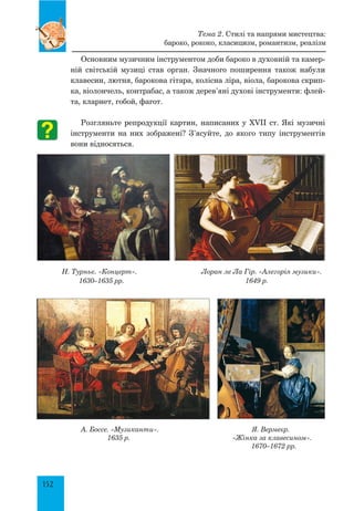 152
Основним музичним інструментом доби бароко в духовній та камер-
ній світській музиці став орган. Значного поширення також набули
клавесин, лютня, барокова гітара, колісна ліра, віола, барокова скрип-
ка, віолончель, контрабас, а також дерев’яні духові інструменти: флей-
та, кларнет, гобой, фагот.
Розгляньте репродукції картин, написаних у XVII ст. Які музичні
інструменти на них зображені? З’ясуйте, до якого типу інструментів
вони відносяться.
Н. Турньє. «Концерт». Лоран ле Ла Гір. «Алегорія музики».
1630–1635 рр. 1649 р.
А. Боссе. «Музиканти». Я. Вермеєр.
1635 р. «Жінка за клавесином».
1670–1672 рр.
Тема 2. Стилі та напрями мистецтва:
бароко, рококо, класицизм, романтизм, реалізм
 