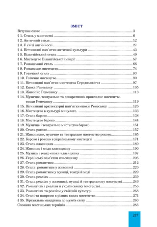 287
ЗМІСТ
Вступне слово....................................................................................................3
§ 1. Стиль у мистецтві......................................................................................6
§ 2. Античний стиль.
.........................................................................................12
§ 3. У світі античності.......................................................................................27
§ 4. Вітчизняні пам’ятки античної культури.................................................43
§ 5. Візантійський стиль .
.................................................................................49
§ 6. Мистецтво Візантійської імперії..............................................................57
§ 7. Романський стиль......................................................................................66
§ 8. Романське мистецтво.
................................................................................74
§ 9. Готичний стиль..........................................................................................83
§ 10. Готичне мистецтво...................................................................................90
§ 11. Вітчизняні пам’ятки мистецтва Середньовіччя ..................................97
§ 12. Епоха Ренесансу .
.....................................................................................105
§ 13. Живопис Ренесансу.................................................................................113
§ 14. Музичне, театральне та декоративно-прикладне мистецтво
епохи Ренесансу.......................................................................................119
§ 15. Вітчизняні архітектурні пам’ятки епохи Ренесансу ...........................126
§ 16. Мистецтво в культурі минулого. ...........................................................133
§ 17. Стиль бароко.
............................................................................................138
§ 18. Мистецтво бароко....................................................................................144
§ 19. Музичне і театральне мистецтво бароко...............................................151
§ 20. Стиль рококо.
............................................................................................157
§ 21. Живописне, музичне та театральне мистецтво рококо.
.......................165
§ 22. Бароко і рококо в українському мистецтві ...........................................171
§ 23. Стиль класицизм......................................................................................180
§ 24. Живопис і мода класицизму ..................................................................190
§ 25. Музика і театр епохи класицизму..........................................................197
§ 26. Українські пам’ятки класицизму ..........................................................206
§ 27. Стиль романтизм.
.....................................................................................212
§ 28. Стиль романтизм у живописі ................................................................220
§ 29. Стиль романтизм у музиці, театрі й моді .............................................229
§ 30. Стиль реалізм...........................................................................................239
§ 31. Стиль реалізм у живописі, музиці й театральному мистецтві............246
§ 32. Романтизм і реалізм в українському мистецтві.
...................................256
§ 33. Романтизм та реалізм у світовій культурі .
...........................................268
§ 34. Стилі та напрями в різних видах мистецтва ....................................... 271
§ 35. Віртуальна мандрівка до музеїв світу .
..................................................280
Словник мистецьких термінів.........................................................................283
 