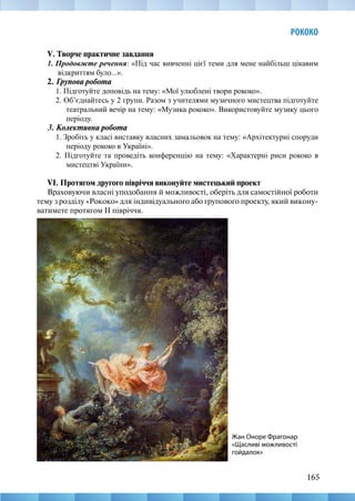 165
РОКОКО
V. Творче практичне завдання
1. Продовжте речення: «Під час вивченні цієї теми для мене найбільш цікавим
відкриттям було...».
2. Групова робота
1. Підготуйте доповідь на тему: «Мої улюблені твори рококо».
2. Об’єднайтесь у 2 групи. Разом з учителями музичного мистецтва підготуйте
театральний вечір на тему: «Музика рококо». Використовуйте музику цього
періоду.
3. Колективна робота
1. Зробіть у класі виставку власних замальовок на тему: «Архітектурні споруди
періоду рококо в Україні».
2. Підготуйте та проведіть конференцію на тему: «Характерні риси рококо в
мистецтві України».
VI. Протягом другого півріччя виконуйте мистецький проект
Враховуючи власні уподобання й можливості, оберіть для самостійної роботи
тему з розділу «Рококо» для індивідуального або групового проекту, який викону-
ватимете протягом ІІ півріччя.
Жан Оноре Фрагонар
«Щасливі можливості
гойдалок»
 