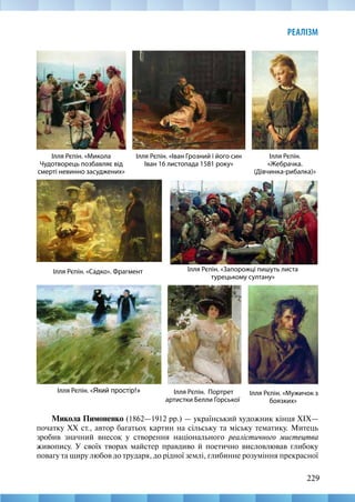 229
РЕАЛІЗМ
Микола Пимоненко (1862—1912 рр.) — український художник кінця XIX—
початку XX ст., автор багатьох картин на сільську та міську тематику. Митець
зробив значний внесок у створення національного реалістичного мистецтва
живопису. У своїх творах майстер правдиво й поетично висловлював глибоку
повагу та щиру любов до трударя, до рідної землі, глибинне розуміння прекрасної
Ілля Рєпін. «Іван Грозний і його син
Іван 16 листопада 1581 року»
Ілля Рєпін. «Микола
Чудотворець позбавляє від
смерті невинно засуджених»
Ілля Рєпін. «Запорожці пишуть листа
турецькому султану»
Ілля Рєпін. Портрет
артистки Белли Горської
Ілля Рєпін.
«Жебрачка.
(Дівчинка-рибалка)»
Ілля Рєпін. «Садко». Фрагмент
Ілля Рєпін. «Мужичок з
боязких»
Ілля Рєпін. «Який простір!»
 