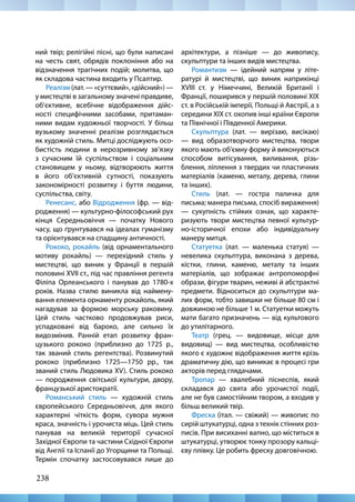 238
ний твір; релігійні пісні, що були написані
на честь свят, обрядів поклоніння або на
відзначення трагічних подій; молитва, що
як складова частина входить у Псалтир.
Реалізм (лат. — «суттєвий», «дійсний») —
у мистецтві в загальному значені правдиве,
об’єктивне, всебічне відображення дійс-
ності специфічними засобами, притаман-
ними видам художньої творчості. У більш
вузькому значенні реалізм розглядається
як художній стиль. Митці досліджують осо-
бистість людини в нерозривному зв’язку
з сучасним їй суспільством і соціальним
становищем у ньому, відтворюють життя
в його об’єктивній сутності, показують
закономірності розвитку і буття людини,
суспільства, світу.
Ренесанс, або Відродження (фр. — від-
родження) — культурно-філософський рух
кінця Середньовіччя — початку Нового
часу, що ґрунтувався на ідеалах гуманізму
та орієнтувався на спадщину античності.
Рококо, рокайль (від орнаментального
мотиву рокайль) — перехідний стиль у
мистецтві, що виник у Франції в першій
половині XVІІ ст., під час правління регента
Філіпа Орлеанського і панував до 1780-х
років. Назва стилю виникла від наймену-
вання елемента орнаменту рокайоль, який
нагадував за формою морську раковину.
Цей стиль частково продовжував риси,
успадковані від бароко, але сильно їх
видозмінив. Ранній етап розвитку фран-
цузького рококо (приблизно до 1725 р.,
так званий стиль регентства). Розвинутий
рококо (приблизно 1725—1750 рр., так
званий стиль Людовика XV). Стиль рококо
— породження світської культури, двору,
французької аристократії.
Романський стиль — художній стиль
європейського Середньовіччя, для якого
характерні чіткість форм, сувора мужня
краса, значність і урочиста міць. Цей стиль
панував на великій території сучасної
Західної Європи та частини Східної Європи
від Англії та Іспанії до Угорщини та Польщі.
Термін спочатку застосовувався лише до
архітектури, а пізніше — до живопису,
скульптури та інших видів мистецтва.
Романтизм — ідейний напрям у літе-
ратурі й мистецтві, що виник наприкінці
XVІІІ ст. у Німеччині, Великій Британії і
Франції, поширився у першій половині XIX
ст. в Російській імперії, Польщі й Австрії, а з
середини XIX ст. охопив інші країни Європи
та Північної і Південної Америки.
Скульптура (лат. — вирізаю, висікаю)
— вид образотворчого мистецтва, твори
якого мають об’ємну форму й виконуються
способом витісування, виливання, різь-
блення, ліплення з твердих чи пластичних
матеріалів (каменю, металу, дерева, глини
та інших).
Стиль (лат. — гостра паличка для
письма; манера письма, спосіб вираження)
— сукупність стійких ознак, що характе-
ризують твори мистецтва певної культур-
но-історичної епохи або індивідуальну
манеру митця.
Статуетка (лат. — маленька статуя) —
невелика скульптура, виконана з дерева,
кістки, глини, каменю, металу та інших
матеріалів, що зображає антропоморфні
образи, фігури тварин, неживі й абстрактні
предмети. Відноситься до скульптури ма-
лих форм, тобто завишки не більше 80 см і
довжиною не більше 1 м. Статуетки можуть
мати багато призначень — від культового
до утилітарного.
Театр (грец. — видовище, місце для
видовищ) — вид мистецтва, особливістю
якого є художнє відображення життя крізь
драматичну дію, що виникає в процесі гри
акторів перед глядачами.
Тропар — хвалебний піснеспів, який
складався до свята або урочистої події,
але не був самостійним твором, а входив у
більш великий твір.
Фреска (італ. — свіжий) — живопис по
сирій штукатурці, одна з технік стінних роз-
писів. При висиханні вапно, що міститься в
штукатурці, утворює тонку прозору кальці-
єву плівку. Це робить фреску довговічною.
 