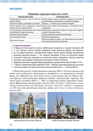 76
МИСТЕЦТВО 8
Порівняймо характерні ознаки двох стилів:
Романський стиль Готичний стиль
Навантаження несуть стіни по всій до-
вжині собору
Навантаження несуть елементи каркасної конструк-
ції, рівномірно розподілені по периметру будівлі
Колони не мають особливого значення Колони — головні несучі елементи будівлі
Товсті масивні стіни, товщиною в кілька
метрів, несуть навантаження
Тонкі стіни, зведені між колонами, є несучими пере-
городками
Усі приміщення розмежовані між собою
масивними стінами і колонами
Приміщення візуально об’єднані в одне ціле завдяки
тонкості опорних колон
Невеликі об’єми будівлі Собор може мати колосальний розмір
Стелі не дуже високі Склепіння дуже високі
Вікна малі й вузькі
Величезні віконні отвори, які заповнюються яскрави-
ми різнокольоровими вітражами
Історична довідка
У Франції готика досягла свого найбільшого розвитку в першій половині XIII
ст. Тут кам’яні готичні собори придбали свою класичну форму. Як правило,
це 3-5-нефні базиліки з поперечним нефом. Центр ярусів завжди заповнений
великим круглим вікном — так званою трояндою. Статуї на консолях перед
колонами порталів, рельєфи на капітелях колон утворюють цілісну сюжетну
систему, в яку входять персонажі й епізоди зі Святого Письма.
Першою готичною спорудою Франції вважають церкву абатства Сен-Дені (1137—
1144рр.).СоборНотр-ДамвШартрі(1194—1220рр.)ставперехіднимдонаступної
стилістичної фазі так званої класичноїготики (кінець ХІІ ст. — початок ХІІІ ст.).
У Німеччині розквіт готики припав на середину XIII ст. Готичні споруди в цій
країні мали особливості: архітектори не розробляли і не прикрашали західний
фасад, як у Франції; веж часто було не дві, а одна висока; вхід до собору з біч-
ного фасаду; сама архітектура зберігала суворий, геометричний, характер. Для
зрілої (друга половина ХІІІ ст. — XIV ст.) німецької готики характерне копію-
вання французьких зразків (собор в Кельні (1248—1332 рр.). Спорудження цього
собору тривало більш ніж 600 років: почалося 1248 році і тривало з перервами
до 1880  року. Ця архітектурна пам’ятка займає третє місце в списку найвищих
церков світу.
Собор Нотр-Дам в Шартрі. Франція
Церква абатства Сен-Дені. Франція
 