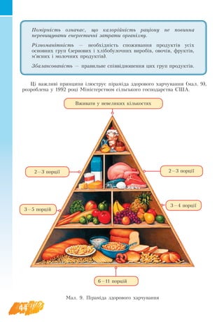 44
Ïîì³ðí³ñòü означає, що êàëîð³éí³ñòü ðàö³îíó íå повинна
ïåðåâèùóâàти åíåðãåòè÷íі çàòðàòи îðãàí³çìó.
Ð³çíîìàí³òí³ñòü — необхідність ñïîæèâàííÿ ïðîäóêò³â óñ³õ
îñíîâíèõ гðóï (зернових і хлібобулочних виробів, овочів, фруктів,
м’ясних і молочних продуктів).
Çáàëàíñîâàí³ñòü — ïðàâèëüíå ñï³â­â³ä­íîøåííÿ öèõ ãðóï ïðîäóêò³â.
Ці важливі принципи ілюструє піраміда здорового харчування (мал. 9),
розроблена у 1992 році Міністерством сільського господарства США.
Вæè­âà­òè ó íå­âå­ëè­êèõ ê³ëüêî­ñ­òÿõ
3—5 ïîð­ö³é
3—4 ïîð­ö³ї
2—3 ïîðö³¿
6—11 ïîðö³é
2—3 ïîð­ö³ї
Ìàë. 9. Піраміда здорового харчування
 