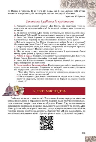 205
ñÿ Âàðґàñ-і-Ãіëëÿêà. ß äî òîãî ðі÷ âåäó, ùî
î é ñàì äóìàþ ñîáі äóáöÿ
âëîìèòè ç ïåðøîãî äóáà ÷è ïàäóáà, ùî ìè ïî
î äî
îðîçі âáà÷èìî.
Ïåðåêëàä Ì. Ëóêàøà
Çàïèòàííÿ і çàâäàííÿ äî ïðî÷èòàíîãî
1. Ðîçêàæіòü ïðî ïåðøèé «ïîäâèã» Äîí Êіõ
õîòà. Ùî ñïîíóêàëî ãåðîÿ çà-
à. Ùî ñïîíóêàëî ãåðîÿ çà-
ñòóïèòèñÿ çà õëîï÷èíó-íàéìèòà? ×è ìàâ öå
åé «ïîäâèã» ñåíñ і ÿêùî òàê,
òî ÿêèé?
2. ßê ñòàëîñÿ çіòêíåííÿ Äîí Êіõîòà ç êóïöÿìè, ùî çàñóìíіâàëèñÿ â êðà-
ñі Äóëüñіíåї Òîáîñüêîї? ×è âäàëîñÿ ãåðîþ çàõèñòèòè ÷åñòü äàìè ñåðöÿ?
3. ×îìó Äîí Êіõîò áîðåòüñÿ çà âèçíàííÿ ìіôі÷íîї êðàñóíі? ×è ìîæíà
òëóìà÷èòè öþ áîðîòüáó ÿê âèÿâ áîæåâіëëÿ? Ïîÿñíіòü ñâîþ äóìêó.
4. ßêі ðèñè õàðàêòåðó Äîí Êіõîòà ðîçêðèëèñÿ â åïіçîäі áèòâè ç âіòðÿêàìè?
ßê âèÿâèâ ñåáå Ñàí÷î Ïàíñà? Ó ÷îìó ïîëÿãàþòü ãåðîїçì і êîìіçì öієї ñöåíè?
5. Ñõàðàêòåðèçóéòå îáðàç Äîí Êіõîòà, ñïèðàþ÷èñü íà òåêñò óñіõ ïðî÷èòà-
íèõ óðèâêіâ ðîìàíó. Íàâåäіòü âіäïîâіäíі öèòàòè.
6. Ùî, íà âàøó äóìêó, ñïîíóêàє ðîçâàæëèâîãî é ïðàêòè÷íîãî Ñàí÷î
Ïàíñó áðàòè ó÷àñòü ó ïðèãîäàõ ñâîãî ïàíà?
7. Ðîáîòà â ïàðàõ. Ñêëàäіòü ïîðіâíÿëüíó õàðàêòåðèñòèêó Äîí Êіõîòà òà
Ñàí÷î Ïàíñè. Âіäïîâіäü îôîðìіòü ó âèãëÿäі òàáëèöі.
8. ×îìó Äîí Êіõîòà íàçèâàþòü ëèöàðåì ñóìíîãî îáðàçó? ßêі ðèñè âäà÷і
ãåðîÿ âіäîáðàæàє öå íàéìåííÿ?
9. Ïîäèñêóòóéìî! Ãðóïîâà ðîáîòà. Ðîçäіëèâøèñü íà äâі ãðóïè, îáãîâîðіòü
îäíå ç ïîäàíèõ çàïèòàíü. Ãîòóþ÷èñü äî äèñêóñії, ñòèñëî çàíîòóéòå îñíî-
âíі ìіðêóâàííÿ і äîêàçè íà êîðèñòü ñâîєї ïîçèöії.
 ×îìó Äîí Êіõîò, ÿêèé ïðàãíå äîñÿãòè øëÿõåòíèõ ëèöàðñüêèõ іäåà-
ëіâ ó æèòòі, âèäàєòüñÿ ñìіøíèì?
 Êèì íàñïðàâäі є Äîí Êіõîò: ñàìîâіääàíèì ãåðîєì ÷è áëàçíåì, áåçó-
ìöåì ÷è ìóäðåöåì, íàїâíèì ìðіéíèêîì ÷è áîðöåì çà ëþäñüêå ùàñòÿ
і ãіäíіñòü?
Ãåíіàëüíі êíèæêè – íåâè÷åðïíі. Âîíè çíîâó é çíîâó çìóøóþòü çàìèñëþ-
âàòèñÿ ïðî ãîëîâíå é ñïðàâæíє â æèòòі ëþäèíè. Ñàìå òîìó ïåðñîíàæі áàãà-
òüîõ êëàñè÷íèõ òâîðіâ ñòàëè âі÷íèìè îáðàçàìè. Ðîìåî і Äæóëüєòòà íàçàâæäè
çàëèøèëèñÿ ñèìâîëàìè êîõàííÿ, ñèëüíіøîãî çà âîðîæíå÷ó òà ñìåðòü. Äîí
Êіõîò óòіëèâ íàéêðàùі ðèñè ëþäñòâà: ãîñòðå âіä÷óòòÿ ñïðàâåäëèâîñòі é ãî-
òîâíіñòü çàâæäè ïðèéòè íà äîïîìîãó. Âіäñêàíóéòå QR-êîä і äіçíàéòåñÿ, ÿê
ìèòöі ïåðåîñìèñëþâàëè âі÷íі îáðàçè â ðіçíèõ âèäàõ õóäîæíüîї òâîð÷îñòі.
Ó ÑÂ²Ò² ÌÈÑÒÅÖÒÂÀ
 