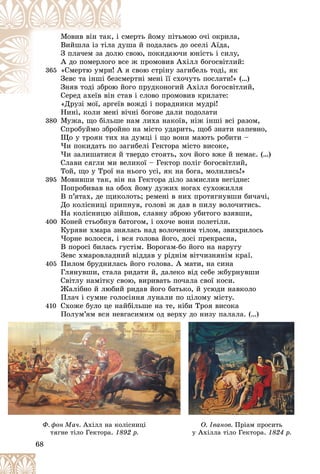 68
åðòü éîìó ïіòüìîþ î÷і îêðèëà,
ñìå
Ìîâèâ âіí òàê, і
øà é ïîäàëàñü äî îñåëі Àїäà,
äóø
Âèéøëà іç òіëà ä
âîþ, ïîêèäàþ÷è þíіñòü і ñèëó,
þ ñâ
Ç ïëà÷åì çà äîëþ
æ ïðîìîâèâ Àõіëë áîãîñâіòëèé:
âñå
À äî ïîìåðëîãî â
365 ñâîþ ñòðіíó çàãèáåëü òîäі, ÿê
À ÿ
«Ñìåðòþ óìðè! À
ðòíі ìåíі її ñõî÷óòü ïîñëàòè!» (…)
ñìåð
Çåâñ òà іíøі áåçñ
ãî ïðóäêîíîãèé Àõіëë áîãîñâіòëèé,
éîã
Çíÿâ òîäі çáðîþ é
â і ñëîâî ïðîìîâèâ êðèëàòå:
Ñåðåä àõåїâ âіí ñòàâ
Ñ ї і
«Äðóçі ìîї, àðãåїâ âîæäі і ïîðàäíèêè ìóäðі!
«Äðóçі ìîї àðãåїâ â
Íèíі, êîëè ìåíі âі÷íі áîãîâå äàëè ïîäîëàòè
380 Ìóæà, ùî áіëüøå íàì ëèõà íàêîїâ, íіæ іíøі âñі ðàçîì,
Ñïðîáóéìî çáðîéíî íà ìіñòî óäàðèòü, ùîá çíàòè íàïåâíî,
Ùî ó òðîÿí òèõ íà äóìöі і ùî âîíè ìàþòü ðîáèòè –
×è ïîêèäàòü ïî çàãèáåëі Ãåêòîðà ìіñòî âèñîêå,
×è çàëèøàòèñÿ é òâåðäî ñòîÿòü, õî÷ éîãî âæå é íåìàє. (…)
Ñëàâè ñÿãëè ìè âåëèêîї – Ãåêòîð ïîëіã áîãîñâіòëèé,
Òîé, ùî ó Òðîї íà íüîãî óñі, ÿê íà áîãà, ìîëèëèñü!»
395 Ìîâèâøè òàê, âіí íà Ãåêòîðà äіëî çàìèñëèâ íåãіäíå:
Ïîïðîáèâàâ íà îáîõ éîìó äóæèõ íîãàõ ñóõîæèëëÿ
Â ï’ÿòàõ, äå ùèêîëîòü; ðåìåíі â íèõ ïðîòÿãíóâøè áè÷à÷і,
Äî êîëіñíèöі ïðèïíóâ, ãîëîâі æ äàâ â ïèëó âîëî÷èòèñü.
Íà êîëіñíèöþ çіéøîâ, ñëàâíó çáðîþ óáèòîãî âçÿâøè,
400 Êîíåé ñòüîáíóâ áàòîãîì, і îõî÷å âîíè ïîëåòіëè.
Êóðÿâè õìàðà çíÿëàñü íàä âîëî÷åíèì òіëîì, çâèõðèëîñü
×îðíå âîëîññÿ, і âñÿ ãîëîâà éîãî, äîñі ïðåêðàñíà,
Â ïîðîñі áèëàñü ãóñòіì. Âîðîãàì-áî éîãî íà íàðóãó
Çåâñ õìàðîâëàäíèé âіääàâ ó ðіäíіì âіò÷èçíÿíіì êðàї.
405 Ïèëîì áðóäíèëàñü éîãî ãîëîâà. À ìàòè, íà ñèíà
Ãëÿíóâøè, ñòàëà ðèäàòè é, äàëåêî âіä ñåáå æáóðíóâøè
Ñâіòëó íàìіòêó ñâîþ, âèðèâàòü ïî÷àëà ñâîї êîñè.
Æàëіáíî é ëþáèé ðèäàâ éîãî áàòüêî, é óñþäè íàâêîëî
Ïëà÷ і ñóìíå ãîëîñіííÿ ëóíàëè ïî öіëîìó ìіñòó.
410 Ñõîæå áóëî öå íàéáіëüøå íà òå, íіáè Òðîÿ âèñîêà
Ïîëóì’ÿì âñÿ íåâãàñèìèì îä âåðõó äî íèçó ïàëàëà ( )
68
Ï
Ï
Ï
Ïîë
îë
îë
îëóì
óì
óì
óì
ó
ó
ó
ó
ó ÿ
ÿ
ÿ
ÿì
ì
ì
ì âñ
âñ
âñ
âñÿ
ÿ
ÿ
ÿ íå
íå
íå
íåâã
âã
âã
âãàñ
àñ
àñ
àñèì
èì
èì
èìèì
èì
èì
èì î
î
î
îä
ä
ä
ä
ä
ä
ä
ä âå
âå
âå
âåðõ
ðõ
ðõ
ðõ
ð
ð
ð
ð
ð ó
ó
ó
ó
ó
ó
ó
ó
ó äî
äî
äî
äî
ä
ä
ä
ä í
í
í
íèç
èç
èç
èçó
ó
ó
ó
ó
ó
ó
ó
ó ïà
ïà
ïà
ïàëà
ëà
ëà
ëàëà
ëà
ëà
ëà.
.
.
.
. (
(…
(…
(…
(
(
(
(
( )
)
)
)
)
)
)
)
)
)
Ô. ôîí Ìà÷. Àõіëë íà êîëіñíèöі
ÿ å ëî åê îðà.
òÿãíå òіëî Ãåêòîðà. 89 ð.
1892 ð.
Î. Іâàíîâ. Ïðіàì ïðîñèòü
ó ëëà ëî åê îðà.
ó Àõіëëà òіëî Ãåêòîðà. 8 ð.
1824 ð.
 