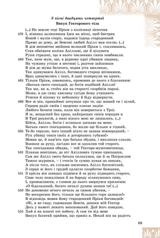 69
Ç ïіñíі äâàäöÿòü ÷åòâå
åðò
òîї
òîї
Âèêóï Ãåêòîðîâîãî òіëà
(…) Íà çåìëþ òîäі Ïðіàì ç êîëіñíèöі çі
іñêî
î÷èâ
470 І, âіçíèêà çàëèøèâøè Іäåÿ íà ìіñöі, ù
ùîá áèñòðèõ
Êîíåé і ìóëіâ ñòåðіã, ïîäàâñÿ їçäåöü ñòàðî
îäåííèé
Ïðÿìî äî äîìó, äå Çåâñîâі ëþáèé Àõіëë ì
ìàâ îñåëþ. (…)
Â äіì íåïîìіòíî ââіéøîâ âåëèêèé Ïðіà
àì і, ñõèëèâøèñü,
і ñõèëèâøèñü
Ñòàâ îáíіìàòè êîëіíà Àõіëëîâі, ùå é öіëóâàòè
öіëóâàòè
Ðóêè ñòðàøíі, ùî â íüîãî ÷èñëåííèõ ñèíіâ ïîâáèâàëè.
480 Òàê, íà÷å ìóæ, ùî, â ðіäíîìó êðàї óáèâøè ëþäèíó,
Íà ÷óæèíó óòіêàє â íåñòÿìі і, ðàïòîì çàéøîâøè
Â äіì äî ìóæà áàãàòîãî, ïîäèâ óñіõ âèêëèêàє,
Òàê çäèâóâàâñÿ Àõіëë, áîãîâèäîãî ñòàðöÿ âïіçíàâøè,
Âðàç çäèâóâàëèñü і іíøі, é îäíі ïîçèðíóëè íà îäíèõ.
485 Òіëüêè Ïðіàì, îçâàâøèñü, ïðîìîâèâ äî íüîãî ç áëàãàííÿì:
«Áàòüêà ñâîãî ñïîãàäàé, äî áîãіâ ïîäіáíèé Àõіëëå!
Òàê æå, ÿê ÿ, ñòîїòü âіí íà ñòàðîñòі ñêîðáíіì ïîðîçі.
Ìîæå, â öþ ñàìó õâèëèíó ñóñіäè éîìó ó÷èíÿþòü
Óòèñêè é íіêîìó òó íåáåçïåêó é áіäó âіäâåðíóòè.
490 Âñå æ âіí, ïðèíàéìíі ïî÷óâøè ïðî òå, ùî æèâèé òè і öіëèé,
Ñåðöåì ðàäіє ñâîїì і ùîäåííî ïëåêàє íàäіþ
Ëþáîãî áà÷èòè ñèíà, êîëè âіí ïîâåðíåòüñÿ ç Òðîї.
ß æ, íåùàñíèé áåç êðàþ, íàéêðàùèõ ñèíіâ ïîðîäèâ ÿ
Â Òðîї ðîçëîãіé, à íèíі íіêîãî ìåíі íå ëèøèëîñü. (…)
Áіéñÿ, Àõіëëå, áîãіâ і çãëÿíüñÿ ëàñêàâî íà ìåíå,
Áàòüêà ñâîãî ñïîãàäàâøè, áî æàëþ ùå áіëüøå ÿ ãіäíèé,
505 Òå-áî òåðïëþ, ÷îãî іíøèé íіõòî íå çàçíàâ çåìíîðîäíèé, –
Ðóê óáèâöі ñèíіâ ñâîїõ ÿ äîòîðêàþñü ãóáàìè!»
Ìîâèâ öå, é ïàì’ÿòü ïðî áàòüêà çáóäèâ, і âèêëèêàâ ñëüîçè.
Âçÿâøè çà ðóêó, ëàãіäíî âñå æ îäõèëèâ òîé ñòàðîãî.
Òàê ñïîãàäàâøè îáèäâà, – òîé Ãåêòîðà-ìóæåçâèòÿæöÿ,
510 Ïëàêàâ íåâòіøíî, äî íіã Àõіëëîâèõ òóæíî ïðèïàâøè,
Ñàì æå Àõіëë ñâîãî áàòüêà îïëàêóâàâ, ùå é çà Ïàòðîêëîì
Òÿæêî æóðèâñÿ, – і ñòîãіí їõ ñóìíî ëóíàâ ïî ïîêîÿõ.
À ïіñëÿ òîãî, ÿê ñëіçüìè íàñèòèâñü Àõіëë áîãîñâіòëèé,
Ç ñåðöÿ æ éîãî і ãðóäåé îäëÿãëî ñêîðáîòíå áàæàííÿ,
515 Ç êðіñëà âіí øâèäêî ïіäâіâñÿ é çà ðóêó ïіäâîäèòü ñòàðîãî,
Ñèâå ÷îëî ïîæàëіâøè é íà áîðîäó çãëÿíóâøèñü ñèâó,
І, ïðîìîâëÿþ÷è, ç ñëîâîì äî íüîãî çâåðíóâñÿ êðèëàòèì:
«Î áіäîëàøíèé, áàãàòî ïå÷àëі äóøåþ çàçíàâ òè! (…)
550 Íå äîïîìîæå íі÷îãî ïå÷àëü çà ñèíîì óáèòèì, –
Íå âîñêðåñèø éîãî, òіëüêè ùå áіëüøîãî ãîðÿ çàçíàєø!»
Â âіäïîâіäü ìîâèâ éîìó ñòàðîäåííèé Ïðіàì áîãîâèäèé:
«Íі, ÿ íå ñÿäó, ãîäîâàíöþ Çåâñіâ, äîïîêè ìіé Ãåêòîð
Äåñü ó íàìåòі ëåæèòü íåïîõîâàíèé. Äàé éîãî øâèäøå,
555 Õàé ÿ íà âëàñíі î÷і ïîáà÷ó. À ñàì òè âіä ìåíå
Âèêóï áàãàòèé ïðèéìè, ùî ïðèâіç ÿ. Íåõàé âіí íà ðàäіñòü
 