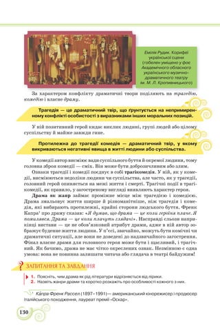 130
За характером конфлікту драматичні твори поділяють на трагедію,
комедію і власне драму.
Трагедія — це драматичний твір, що ґрунтується на непримирен-
ному конфлікті особистості з виразниками інших моральних позицій.
У ній позитивний герой кидає виклик людині, групі людей або цілому
суспільству й майже завжди гине.
Протилежна до трагедії комедія — драматичний твір, у якому
викриваються негативні явища в житті людини або суспільства.
У комедії автор висміює вади суспільного буття й окремої людини, тому
головна зброя комедії — сміх. Він може бути доброзичливим або злим.
Ознаки трагедії і комедії поєднує в собі трагікомедія. У ній, як у коме-
дії, висміюються недоліки людини чи суспільства, але часто, як у трагедії,
головний герой опиняється на межі життя і смерті. Трагічні події в трагі-
комедії, як правило, у загостреному вигляді виявляють характер героя.
Драма як жанр займає проміжне місце між трагедією і комедією.
Драма змальовує життя ширше й різноманітніше, ніж трагедія і коме-
дія, які вибирають протилежні, крайні сторони людського буття. Френк
Капра1
про драму сказав: «Я думав, що драма — це коли героїня плаче. Я
помилявся. Драма — це коли плачуть глядачі». Насправді сльози напри-
кінці вистави — це не обов’язковий атрибут драми, адже в ній автор зо-
бражує буденне життя людини. У п’єсі, звичайно, можуть бути комічні чи
драматичні ситуації, але вони не доведені до надзвичайного загострення.
Фінал власне драми для головного героя може бути і щасливий, і трагіч-
ний. Як бачимо, драма не має чітко окреслених ознак. Незмінною є одна
умова: вона не повинна залишати читача або глядача в театрі байдужим!
1. Поясніть, чим драма як рід літератури відрізняється від лірики.
2. Назвіть жанри драми та коротко розкажіть про особливості кожного з них.
1
Кàпра Френк Рассел (1897–1991)— американський кінорежисер і продюсер
італійського походження, лауреат премії «Оскар».
ЗАПИТАННЯ ТА ЗАВДАННЯ
З ф і і і ді
Емілія Рудик. Корифеї
української сцени
(гобелен уміщено у фоє
Академічного обласного
українського музично-
драматичного театру
ім. М. Л. Кропивницького)
 