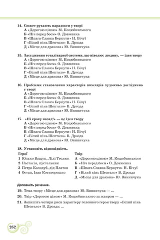 262
14. Сюжет рухають парадокси у творі
А «Дорогою ціною» М. Коцюбинського
Б «Ніч перед боєм» О. Довженка
В «Шпага Славка Беркути» Н. Бічуї
Г «Білий кінь Шептало» В. Дрозда
Д «Місце для дракона» Ю. Винничука
15. Засудження тоталітарної системи, що нівелює людину, — ідея твору
А «Дорогою ціною» М. Коцюбинського
Б «Ніч перед боєм» О. Довженка
В «Шпага Славка Беркути» Н. Бічуї
Г «Білий кінь Шептало» В. Дрозда
Д «Місце для дракона» Ю. Винничука
16. Проблеми становлення характерів школярів художньо досліджено
у творі
А «Дорогою ціною» М. Коцюбинського
Б «Ніч перед боєм» О. Довженка
В «Шпага Славка Беркути» Н. Бічуї
Г «Білий кінь Шептало» В. Дрозда
Д «Місце для дракона» Ю. Винничука
17. «Ні кроку назад!» — це ідея твору
А «Дорогою ціною» М. Коцюбинського
Б «Ніч перед боєм» О. Довженка
В «Шпага Славка Беркути» Н. Бічуї
Г «Білий кінь Шептало» В. Дрозда
Д «Місце для дракона» Ю. Винничука
18. Установіть відповідність.
Герої Твір
1 Юлько Ващук, Лілі Теслюк А «Дорогою ціною» М. Коцюбинського
2 Настасія, пустельник Б «Ніч перед боєм» О. Довженка
3 Петро Колодуб, дід Платон В «Шпага Славка Беркути» Н. Бічуї
4 Остап, Іван Котигорошко Г «Білий кінь Шептало» В. Дрозда
Д «Місце для дракона» Ю. Винничука
Доповніть речення.
19. Тема твору «Місце для дракона» Ю. Винничука — ...
20. Твір «Дорогою ціною» М. Коцюбинського за жанром — ...
21. Запишіть чотири риси характеру головного героя твору «Білий кінь
Шептало» В. Дрозда: ...
 