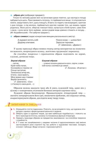 8
 образ-річ (зображує предмет):
Тільки по легкому рухові жил на ватагових руках помітно, що насподі в посуді
одбувається щось. Руки оживають потроху, то підіймаються вище, то опускаються
нижче, закруглюють лікті, щось плещуть, бгають та гладять там всередині, і раптом
з дна посуди, з-під молока, підіймається круглеє сирове тіло, що якимсь чудом
родилось. Воно росте, обертає плескаті боки, купається в білій купелі, само біле
і ніжне, і коли ватаг його виймає, зелені родові води дзвінко стікають в посуду…
(М. Коцюбинський, «Тіні забутих предків»);
 образ-символ (надає конкретним явищам узагальненого змісту):
А журавлі летять собі
Додому ключами.
Плаче козак — шляхи биті
Заросли тернами.
(Т. Шевченко, «Думка»)
У цьому прикладі образ-символ терну автор використав на позначен-
ня важкого, непрохідного шляху, життєвих труднощів і перешкод.
За способом творення і сприйняття образи поділяють на зорові,
слухові, дотикові тощо.
Зорові образи Слухові образи
…світає,
Край неба палає,
Соловейко в темнім гаї
Сонце зустрічає.
Тихесенько вітер віє,
Степи, лани мріють,
Меж ярами над ставами
Верби зеленіють.
(Т. Шевченко, «Сон»
(«У всякого своя доля…»)
…у мене почали дзвонити коси, серпи, а важ-
кий колос схилявся до землі…
(Г. Косинка, «В житах»)
Образом можна вважати троп або й увесь художній твір, адже він у
цілому є конкретним утіленням бачення автором картини світу.
Художні образи багатозначні. Проаналізувати літературний твір —
значить інтерпретувати його ідеї, визначити проблеми, які порушує автор,
охарактеризувати образи, дослідити мову твору тощо.
1. Опрацюйте статтю підручника. Поясніть, як ви розумієте тезу, що художня літе-
ратура є однією з форм духовної дiяльності людини.
2. Оберіть один із художніх творів, що вам найбільше подобається, і поясніть на
його прикладі естетичну, виховну та пізнавальну функції літератури.
3. Наведіть приклади образів за предметом змалювання і за способом творення
і сприйняття.
4. У 7 класі ви ознайомилися з видами читання й вдосконалювали свої вміння
застосовувати різні стратегії під час роботи з художніми текстами. Складіть
інтелект-таблицю «Види читання» і прокоментуйте її.
ЗАПИТАННЯ ТА ЗАВДАННЯ
 