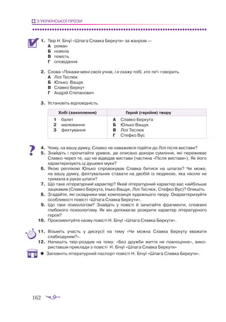 162
З УКРАЇНСЬКОЇ ПРОЗИ
1.	 Твір Н. Бічуї «Шпага Славка Беркути» за жанром —
А	 роман
Б	 новела
В	 повість
Г	 оповідання
2.	 Слова «Покажи мені своїх учнів, і я скажу тобі, хто ти!» говорить
А	 Лілі Теслюк
Б	 Юлько Ващук
В	 Славко Беркут
Г	 Андрій Степанович
3.	 Установіть відповідність.
Хобі (захоплення) Герой (героїня) твору
1	 балет
2	 малювання
3	 фехтування	
А	 Славко Беркута
Б	 Юлько Ващук
В	 Лілі Теслюк
Г	 Стефко Вус
4.	 Чому, на вашу думку, Славко не наважився підійти до Лілі після вистави?
5.	 Знайдіть і прочитайте уривок, де описано докори сумління, які переживає
Славко через те, що не відвідав вистави (частина «Після вистави»). Як його
характеризують ці душевні муки?
6.	 Якою реплікою Юлько спровокував Славка битися на шпагах? Чи може,
на вашу думку, фехтувальник ставати на двобій із людиною, яка ніколи не
тримала в руках шпаги?
7.	 Що таке літературний характер? Який літературний характер вас найбільше
зацікавив (Славко Беркута, Ілько Ващук, Лілі Теслюк, Стефко Вус)? Опишіть.
8.	 Згадайте, які складники має композиція художнього твору. Охарактеризуйте
особливості повісті «Шпага Славка Беркути».
9.	 Що таке психологізм? Знайдіть у повісті й зачитайте фрагменти, сповнені
глибокого психологізму. Як він допомагає розкрити характер літературного
героя?
10.	 Прокоментуйте назву повісті Н. Бічуї «Шпага Славка Беркути».
11.	 Візьміть участь у дискусії на тему «Чи можна Славка Беркуту вважати
слабкодухим?».
12.	 	
Напишіть твір-роздум на тему: «Без дружби життя не повноцінне», ви­
ко­
риставши приклади з повісті Н. Бічуї «Шпага Славка Беркути»
‹
‹ Заповніть літературний паспорт повісті Н. Бічуї «Шпага Славка Беркути».
 