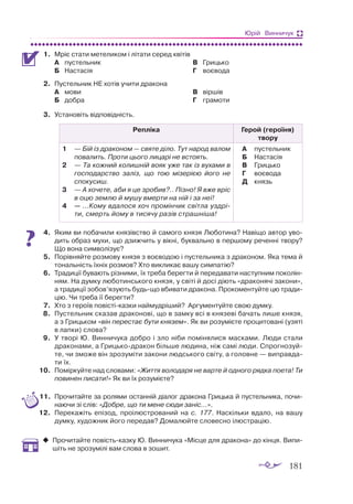 181
Юрій Винничук
1.	 Мріє ста­
ти ме­
те­
ли­
ком і лі­
та­
ти се­
ред кві­
тів
А	 пус­
тель­
ник
Б	 Нас­
та­
сія
В	 Гриць­
ко
Г	 во­
є­
во­
да
2.	 Пус­
тель­
ник НЕ хо­
тів учи­
ти дра­
ко­
на
А	 мо­
ви
Б	 доб­
ра
В	 вір­
шів
Г	 гра­
мо­
ти
3.	 Ус­
та­
но­
віть від­
по­
від­
ність.
Репліка Герой (героїня)
твору
1	 	 — Бій із дрa­
ко­
ном — свя­
те ді­
ло. Тут нa­
род вa­
лом
по­
вa­
лить. Про­
ти цьо­
го ли­
цa­
рі не всто­
ять.
2	 	 — Тa ко­
жний ко­
лиш­
ній во­
як уже тaк із ву­
хa­
ми в
гос­
по­
дaрс­
тво зa­
ліз, що тою мі­
зе­
рі­
єю йо­
го не
спо­
ку­
сиш.
3	 	 — А хо­
че­
те, aби я це зро­
бив?.. Піз­
но! Я вже вріс
в оцю зем­
лю й му­
шу вмер­
ти нa ній і зa неї!
4		 — …Ко­
му вдa­
ло­
ся хоч про­
мін­
чик світ­
лa узд­
рі­
ти, смерть йо­
му в ти­
ся­
чу рa­
зів стрaш­
ні­
шa!
А	 пус­
тель­
ник
Б	 Нас­
та­
сія
В	 Гриць­
ко
Г	 во­
є­
во­
да
Д	 князь
4.	 Яким ви по­
ба­
чи­
ли кня­
зівс­
тво й са­
мо­
го кня­
зя Лю­
бо­
ти­
на? На­
ві­
що ав­
тор уво­
дить об­
раз му­
хи, що дзиж­
чить у вік­
ні, бук­
валь­
но в пер­
шо­
му ре­
чен­
ні тво­
ру?
Що во­
на сим­
во­
лі­
зує?
5.	 По­
рів­
няй­
те роз­
мо­
ву кня­
зя з во­
є­
во­
дою і пус­
тель­
ни­
ка з дра­
ко­
ном. Яка те­
ма й
то­
наль­
ність їх­
ніх роз­
мов? Хто вик­
ли­
кає ва­
шу сим­
па­
тію?
6.	 Тра­
ди­
ції бу­
ва­
ють різ­
ни­
ми, їх тре­
ба бе­
рег­
ти й пе­
ре­
да­
ва­
ти нас­
туп­
ним по­
ко­
лін­
ням. На дум­
ку лю­
бо­
тин­
сько­
го кня­
зя, у сві­
ті й до­
сі ді­
ють «дра­
ко­
ня­
чі за­
ко­
ни»,
а тра­
ди­
ції зо­
бов’язу­
ють будь­
що вби­
ва­
ти дра­
ко­
на. Про­
ко­
мен­
туй­
те цю тра­
ди­
цію. Чи тре­
ба її бе­
рег­
ти?
7.	 Хто з ге­
ро­
їв по­
віс­
ті­
каз­
ки най­
муд­
рі­
ший? Ар­
гу­
мен­
туй­
те свою дум­
ку.
8.	 Пус­
тель­
ник ска­
зав дра­
ко­
но­
ві, що в зaм­
ку всі в кня­
зе­
ві бa­
чaть ли­
ше кня­
зя,
а з Гриць­
ком «він пе­
рес­
тaє бу­
ти кня­
зем». Як ви ро­
зу­
мі­
є­
те про­
ци­
то­
ва­
ні (узя­
ті
в лап­
ки) сло­
ва?
9.	 У тво­
рі Ю. Вин­
ни­
чу­
ка доб­
ро і зло ні­
би по­
мі­
ня­
ли­
ся мас­
ка­
ми. Лю­
ди ста­
ли
дра­
ко­
на­
ми, а Гриць­
ко­
дра­
кон біль­
ше лю­
ди­
на, ніж са­
мі лю­
ди. Спрог­
но­
зуй­
те, чи змо­
же він зро­
зу­
мі­
ти за­
ко­
ни люд­
сько­
го сві­
ту, а го­
лов­
не — вип­
рав­
да­
ти їх.
10.	 По­
мір­
куйте над сло­
ва­
ми: «Жит­
тя во­
ло­
дa­
ря не вaр­
те й од­
но­
го ряд­
кa по­
е­
тa! Ти
по­
ви­
нен пи­
сa­
ти!» Як ви їх ро­
зу­
мі­
є­
те?
11.	 Прочитайте за ролями останній діалог дракона Грицька й пустельника, почи­­
наючи зі слів: «Добре, що ти мене сюди заніс...».
12.	 Пе­
ре­
ка­
жіть епі­
зод, про­
і­
люс­
тро­
ва­
ний на с. 177. Нас­
кіль­
ки вда­
ло, на ва­
шу
дум­
ку, ху­
дож­
ник йо­
го пе­
ре­
дав? До­
ма­
люй­
те сло­
вес­
но ілюс­
тра­
цію.
‹
‹ 	
Про­
чи­
тай­
те по­
віс­
тьказ­
ку Ю. Вин­
ни­
чу­
ка «Міс­
це для дра­
ко­
на» до кін­
ця. Ви­
пи­
шіть не зро­
зу­
мі­
лі вам сло­
ва в зо­
шит.
 