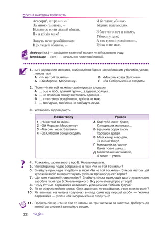 22
УСНА НАРОДНА ТВОРЧІСТЬ
Асесори1
, ісправники2
За мною ганяють, —
Більше ж вони людей вбили,
Як я гріхів маю!
Зовуть мене розбійником,
Що людей вбиваю, —
Я багатих убиваю,
Бідних награждаю.
З багатого хоч я візьму,
Убогому даю;
А так гроші розділивши,
Гріха я не маю.
Асесор (іст.) — засідання казенної палати чи військового суду.
Ісправник — (іст.) — начальник повітової поліції.
1.	 Ім’я на­
род­
но­
го мес­
ни­
ка, який на­
ді­
ляв бід­
них награ­
бо­
ва­
ним у ба­
га­
ті­
їв, ус­
лав­
ле­
но в піс­
ні
А	 «Чи не той то хміль»
Б	 «Ой Мо­
ро­
зе, Мо­
ро­
зен­
ку»
В	 «Мак­
сим ко­
зак За­
ліз­
няк»
Г	 «За Си­
бі­
ром сон­
це схо­
дить»
2.	 Піс­
ня «Чи не той то хміль» за­
кін­
чу­
єть­
ся сло­
ва­
ми
А	 ... оце ж тобі, вражий турчин, з душею розлука.
Б	 ... не по однім ляшку зосталась вдовиця...
В	 ... а так гроші розділивши, гріха я не маю.
Г	 ... твої думи, твої пісні не забудуть люди.
3.	 Ус­
та­
но­
віть від­
по­
від­
ність.
Назва твору Уривок
1	 «Чи не той то хміль»
2	 «Ой Морозе, Морозенку»
3	 «Максим козак Залізняк»
4	 «За Сибіром сонце сходить
А	 Годі тобі, панебрате,
	 Ґринджоли малювати...
Б	 Їде ляхів сорок тисяч
	 Хорошої вроди.
В	 Маю жінку, маю діти,
	 Та я їх не бачу!
Г	 Накидали за годину
	 Панів повні шанці...
Д	 Полягло наших чимало,
	 А татар — утроє.
4.	 Розкажіть, що ви знаєте про Б. Хмельницького.
5.	 Яку історичну подію зображено в пісні «Чи не той то хміль»?
6.	 Знайдіть приклади гіперболи в пісні «Чи не той то хміль». З якою метою цей
художній засіб використовують у піснях про народного героя?
7.	 Що таке художній паралелізм? Знайдіть кілька прикладів цього художнього
засобу в пісні про Б. Хмельницького. Яку роль він відіграє у творі?
8.	 Чому Устима Кармалюка називають українським Робіном Гудом?
9.	 Як ви розумієте його слова: «Хоч, здається, не в кайданах, а все ж не на волі»?
10.	 Як впливає на читача (слухача) виклад саме від першої особи  — Устима
Кармалюка — у пісні «За Сибіром сонце сходить»?
11.	 Поділіть пісню «Чи не той то хміль» на три частини за змістом. Доберіть до
кожної заголовок і запишіть у зошит.
 