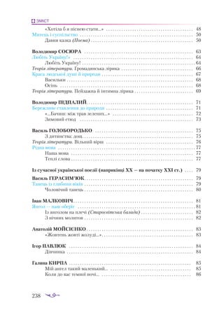 238
ЗМІСТ
	 «Хотіла б я піснею стати...» . . . . . . . . . . . . . . . . . . . . . . . . . . . . . . . . . . . . . . . . . 48
Митець і суспільство . . . . . . . . . . . . . . . . . . . . . . . . . . . . . . . . . . . . . . . . . . . . . . . . . . . . 50
	 Давня казка (Поема) . . . . . . . . . . . . . . . . . . . . . . . . . . . . . . . . . . . . . . . . . . . . . . . 50
Володимир СОСЮРА . . . . . . . . . . . . . . . . . . . . . . . . . . . . . . . . . . . . . . . . . . . . . . . . . . . 63
Любіть Україну!» . . . . . . . . . . . . . . . . . . . . . . . . . . . . . . . . . . . . . . . . . . . . . . . . . . . . . . . . 64
	 Любіть Україну! . . . . . . . . . . . . . . . . . . . . . . . . . . . . . . . . . . . . . . . . . . . . . . . . . . . . . 64
Теорія літератури. Громадянська лірика . . . . . . . . . . . . . . . . . . . . . . . . . . . . . . . . . . 66
Краса людської душі й природи . . . . . . . . . . . . . . . . . . . . . . . . . . . . . . . . . . . . . . . . . . . 67
	 Васильки . . . . . . . . . . . . . . . . . . . . . . . . . . . . . . . . . . . . . . . . . . . . . . . . . . . . . . . . . . . 68
	 Осінь . . . . . . . . . . . . . . . . . . . . . . . . . . . . . . . . . . . . . . . . . . . . . . . . . . . . . . . . . . . . . . 68
Теорія літератури. Пейзажна й інтимна лірика . . . . . . . . . . . . . . . . . . . . . . . . . . . . 69
Володимир ПІДПАЛИЙ. . . . . . . . . . . . . . . . . . . . . . . . . . . . . . . . . . . . . . . . . . . . . . . . . . 71
Бережливе ставлення до природи . . . . . . . . . . . . . . . . . . . . . . . . . . . . . . . . . . . . . . . . . 71
	 «...Бачиш: між трав зелених...» . . . . . . . . . . . . . . . . . . . . . . . . . . . . . . . . . . . . . . 72
	 Зимовий етюд . . . . . . . . . . . . . . . . . . . . . . . . . . . . . . . . . . . . . . . . . . . . . . . . . . . . . 73
Василь ГОЛОБОРОДЬКО . . . . . . . . . . . . . . . . . . . . . . . . . . . . . . . . . . . . . . . . . . . . . . 75
	 З дитинства: дощ. . . . . . . . . . . . . . . . . . . . . . . . . . . . . . . . . . . . . . . . . . . . . . . . . . . . 75
Теорія літератури. Вільний вірш . . . . . . . . . . . . . . . . . . . . . . . . . . . . . . . . . . . . . . . . . 76
Рідна мова . . . . . . . . . . . . . . . . . . . . . . . . . . . . . . . . . . . . . . . . . . . . . . . . . . . . . . . . . . . . . . . . 77
	 Наша мова . . . . . . . . . . . . . . . . . . . . . . . . . . . . . . . . . . . . . . . . . . . . . . . . . . . . . . . . . 77
	 Теплі слова . . . . . . . . . . . . . . . . . . . . . . . . . . . . . . . . . . . . . . . . . . . . . . . . . . . . . . . . . 77
Із сучасної української поезії (наприкінці ХХ — на початку ХХІ ст.) . . . . . 79
Василь ГЕРАСИМ’ЮК. . . . . . . . . . . . . . . . . . . . . . . . . . . . . . . . . . . . . . . . . . . . . . . . . . . 79
Танець із глибини віків . . . . . . . . . . . . . . . . . . . . . . . . . . . . . . . . . . . . . . . . . . . . . . . . . . . 79
	 Чоловічий танець . . . . . . . . . . . . . . . . . . . . . . . . . . . . . . . . . . . . . . . . . . . . . . . . . . 80
Іван МАЛКОВИЧ. . . . . . . . . . . . . . . . . . . . . . . . . . . . . . . . . . . . . . . . . . . . . . . . . . . . . . . . 81
Янгол — наш оберіг . . . . . . . . . . . . . . . . . . . . . . . . . . . . . . . . . . . . . . . . . . . . . . . . . . . . . . . 81
	 Із янголом на плечі (Старосвітська балада) . . . . . . . . . . . . . . . . . . . . . . . . . 82
	 З нічних молитов . . . . . . . . . . . . . . . . . . . . . . . . . . . . . . . . . . . . . . . . . . . . . . . . . . . 82
Анатолій МОЙСІЄНКО. . . . . . . . . . . . . . . . . . . . . . . . . . . . . . . . . . . . . . . . . . . . . . . . . . 83
	 «Жовтень жовті жолуді...». . . . . . . . . . . . . . . . . . . . . . . . . . . . . . . . . . . . . . . . . . . 83
Ігор ПАВЛЮК . . . . . . . . . . . . . . . . . . . . . . . . . . . . . . . . . . . . . . . . . . . . . . . . . . . . . . . . . . 84
	 Дівчинка . . . . . . . . . . . . . . . . . . . . . . . . . . . . . . . . . . . . . . . . . . . . . . . . . . . . . . . . . . . 84
Галина КИРПА . . . . . . . . . . . . . . . . . . . . . . . . . . . . . . . . . . . . . . . . . . . . . . . . . . . . . . . . . 85
	 Мій ангел такий маленький... . . . . . . . . . . . . . . . . . . . . . . . . . . . . . . . . . . . . . . 85
	 Коли до вас темної ночі... . . . . . . . . . . . . . . . . . . . . . . . . . . . . . . . . . . . . . . . . . . 86
 