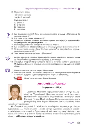 83
Із сучасної української поезії (наприкінці ХХ — на початку ХХІ ст.)
3.	 Прочитайте рядки.
	 Віє вітер вировий,
	 виє Ірод моровий... .
	 В уривку наявні
А	 омоніми
Б	 антоніми
В	 пароніми
Г	 синоніми
4.	 Що символізує янгол? Яким ви побачили янгола в баладі І. Малковича «Із
янголом на плечі»?
5.	 Що символізує свіча в цьому творі?
6.	 Яким стає звуковий малюнок через повторення звуків [в] і [р] у реченні «Віє
вітер вировий, виє Ірод моровий...»?
7.	 Який провідний мотив балади «Із янголом на плечі»?
8.	 Що символізують образи стебельця та кубельця у вірші «З нічних молитов»?
9.	 Як ви розумієте вислів: «Вірш “З нічних молитов” за своїм ідейним спряму­
ванням християнський»?
10.	 Чого навчають прочитані вірші І. Малковича?
11.	 Охарактеризуйте слухові й зорові образи балади «Із янголом на плечі». Яким
за настроєм має бути музичний супровід цього твору?
12.	 Знайдіть в інтернеті та прослухайте пісню «Із янголом на плечі» у виконанні
М. Бурмаки. Висловте кількома реченнями свої враження від музичної версії
вірша.
1.	 Навчіться виразно читати твори І. Малковича.
2.	 ПрослухайтепоезіюІ.Малковича«Ізянголомнаплечі»увиконанніМ.Бурмаки
й напишіть відгук на музичну версію цього твору (за бажанням).
‹
‹ 	 « «Із янголом на плечі». Марія Бурмака.
АНАТОЛІЙ МОЙСІЄНКО
(Народився 1948 р.)
Анатолій Мойсієнко народився 9 липня 1948 р. в с. Бу-
рівці на Чернігівщині. Закінчив філологічний факультет
Ніжинського державного педагогічного інституту імені
Миколи Гоголя. Нині професор Київського національного
університету імені Тараса Шевченка. Досліджує мову, пише
чудові поетичні твори.
Особливості творчості А. Мойсієнка якнайкраще ха­
ракте­
ри­
зує літера­
турознавець М. Жулинський: «Поезія митця відкриває унікальні можли­
вості пізнання естетичної, зображувальної, змістової, звукової цілісності ху­
дожнього твору». І ці якості поета ви зможете виявити на прикладі одного
вір­
ша — «Жовтень жовті жолуді...».
­
­
 