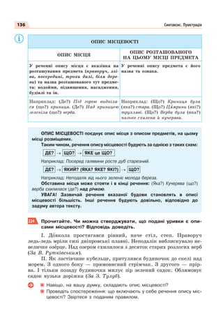 136 Синтаксис. Пунктуація
ОПИС МІСЦЕВОСТІ
ОПИС МІСЦЯ
ОПИС РОЗТАШОВАНОГО
НА ЦЬОМУ МІСЦІ ПРЕДМЕТА
У реченні опису місця є вказівка на
розташування предмета (праворуч, злі-
ва, посередині, трохи далі, біля дере-
ва) та назва розташованого тут предме-
та: водойми, підвищення, насадження,
будівлі та ін.
У реченні опису предмета є його
назва та ознака.
Наприклад: (Де?) Під горою видніла-
ся (що?) криниця. (Де?) Над криницею
зеленіла (що?) верба.
Наприклад: (Що?) Криниця була
(яка?) стара. (Що?) Цÿмрини (які?)
трухляві. (Що?) Верба була (яка?)
низько схилена й кучерява.
ОПИС МІСЦЕВОСТІ поєднує опис місця з описом предметів, на цьому
місці розміщених.
Таким чином, речення опису місцевості будують за однією з таких схем:
ДЕ? → ЩО? → ЯКЕ це ЩО?
Наприклад: Посеред галявини росте дуб старезний.
ДЕ? → ЯКИЙ? (ЯКА? ЯКЕ? ЯКІ?) → ЩО?
Наприклад: Неподалік від нього зеленіє молода береза.
Обставина місця може стояти і в кінці речення: (Яка?) Кучерява (що?)
верба схилилася (де?) над річкою.
УВАГА! Зазвичай речення вказаної будови становлять в описі
місцевості більшість. Інші речення будують довільно, відповідно до
задуму автора тексту.
224 Прочитайте. Чи можна стверджувати, що подані уривки є опи-
сами місцевості? Відповідь доведіть.
І. Дîвкола простягався рівний, наче стіл, степ. Праворуч
ледь-ледь мріли сизі дніпровські плавні. Неподалік виблискувало не-
величке озåрце. Над озером схилилося з десяток старих розлогих верб
(За В. Рутківським).
ІІ. Як ластівчине кубельце, притулився будиночок до скелі над
морем. З одного боку — прямовисний стрімчак. З другого — прір-
ва. І тільки позаду будиночка милує зір зелений садок. Облямовує
садок вузька доріжка (За З. Тулуб).
Навіщо, на вашу думку, складають опис місцевості?
Проведіть спостереження: що включають у себе речення опису міс-
цевості? Звіртеся з поданим правилом.
 