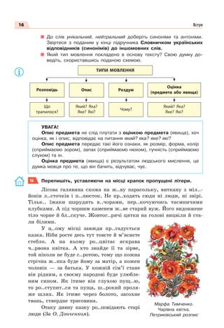 16 Вступ
До слів унікальний, нейтральний доберіть синоніми та антоніми.
Звіртеся з поданим у кінці підручника Словничком українських
відповідників (синонімів) до іншомовних слів.
Який тип мовлення покладено в основу тексту? Свою думку до-
ведіть, скориставшись поданою схемою.
Розповідь
Що
трапилося?
Опис
Який? Яка?
Яке? Які?
Роздум
Чому?
Оцінка
(предмета або явища)
Який? Яка?
Яке? Які?
ТИПИ МОВЛЕННЯ
УВАГА!
Опис предмета не слід плутати з оцінкою предмета (явища), хоч
оцінка, як і опис, відповідає на питання який? яка? яке? які?
Опис предмета передає такі його ознаки, як розмір, форма, колір
(сприймаємо зором), запах (сприймаємо нюхом), гучність (сприймаємо
слухом) та ін.
Оцінка предмета (явища) є результатом людського мислення, це
думка мовця про те, що він бачить, відчуває, чує.
16 Перепишіть, уставляючи на місці крапок пропущені літери.
Лісова галявина схожа на ж..ву парасольку, виткану з міл..-
йонів л..сточків і п..люсток. Не пр..ходять сюди ні люди, ні звірі.
Тільк.. їжаки шарудять в..чорами, пер..кочуючись таємничими
клубками. А під чорним каменем ж..ве старий вуж. Його видовжене
тіло чорне й бл..скуче. Жовтог..рячі цятки на голові вицвіли й ста-
ли білими.
У ц..ому місці завжди пр..гадується
казка. Ніби росте десь тут товсте й м’ясисте
стебло. А на ньому ро..цвітає яскрава
ч..рвона квітка. А хто знайде її та зірве,
той ніколи не буде с..ротою, тому що кожна
стрічна ж..нка буде йому за матір, а кожен
чоловік — за батька. У кожній сім’ї стане
він рідним, а своєму народові буде улюбле-
ним сином. Як ітиме він глухою пущ..ю,
то ро..ступит..ся та пуща, ш..рокий проля-
же шлях. Як ітиме через болото, засохне
твань, ствердне трясовина.
Отаку дивну казку ро..повідають старі
люди (За О. Донченком).
Марфа Тимченко.
Чарівна квітка.
Петриківський розпис
 