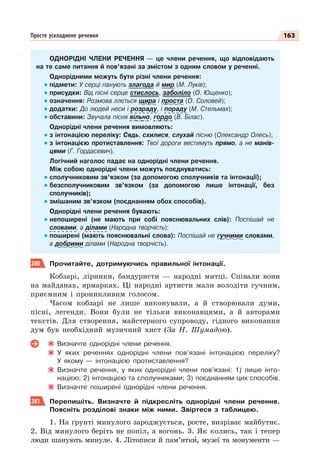 163
Просте ускладнене речення
ОДНОРІДНІ ЧЛЕНИ РЕЧЕННЯ — це члени речення, що відповідають
на те саме питання й пов’язані за змістом з одним словом у реченні.
Однорідними можуть бути різні члени речення:
підмети: У серці панують злагода й мир (М. Луків);
присудки: Від пісні серце стислось, заболіло (О. Ющенко);
означення: Розмова ллється щира і проста (О. Соловей);
додатки: До людей неси і розраду, і пораду (М. Стельмах);
обставини: Звучала пісня вільно, гордо (В. Білас).
Однорідні члени речення вимовляють:
з інтонацією переліку: Сядь, схилися, слухай пісню (Олександр Олесь);
з інтонацією протиставлення: Твої дороги вестимуть прямо, а не манів-
цями (Г. Гордасевич).
Логічний наголос падає на однорідні члени речення.
Між собою однорідні члени можуть поєднуватись:
сполучниковим зв’язком (за допомогою сполучників та інтонації);
безсполучниковим зв’язком (за допомогою лише інтонації, без
сполучників);
змішаним зв’язком (поєднанням обох способів).
Однорідні члени речення бувають:
непоширені (не мають при собі пояснювальних слів): Поспішай не
словами, а ділами (Народна творчість);
поширені (мають пояснювальні слова): Поспішай не гучними словами,
а добрими ділами (Народна творчість).
280 Прочитайте, дотримуючись правильної інтонації.
Кобзарі, лірники, бандуристи — народні митці. Співали вони
на майданах, ярмарках. Ці народні артисти мали володіти гучним,
приємним і проникливим голосом.
Часом кобзарі не лише виконували, а й створювали думи,
пісні, легенди. Вони були не тільки виконавцями, а й авторами
текстів. Для створення, майстерного супроводу, гідного виконання
дум був необхідний музичний хист (За Н. Шумадою).
Визначте однорідні члени речення.
У яких реченнях однорідні члени пов’язані інтонацією переліку?
У якому — інтонацією протиставлення?
Визначте речення, у яких однорідні члени пов’язані: 1) лише інто-
нацією; 2) інтонацією та сполучниками; 3) поєднанням цих способів.
Визначте поширені однорідні члени речення.
281 Перепишіть. Визначте й підкресліть однорідні члени речення.
Поясніть розділові знаки між ними. Звіртеся з таблицею.
1. На ґрунті минулого зароджується, росте, визріває майбутнє.
2. Від минулого беріть не попіл, а вогонь. 3. Як колись, так і тепер
люди шанують минуле. 4. Літописи й пам’яткè, музеї та монументи —
 
