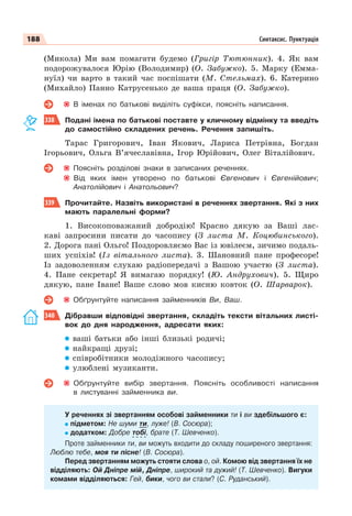 188 Синтаксис. Пунктуація
(Микола) Ми вам помагати будемо (Григір Тютюнник). 4. Як вам
подорожувалося Юрію (Володимир) (О. Забужко). 5. Марку (Емма-
нуїл) чи варто в такий час поспішати (М. Стельмах). 6. Катерино
(Михайло) Панно Катрусенько де ваша праця (О. Забужко).
В іменах по батькові виділіть суфікси, поясніть написання.
338 Подані імена по батькові поставте у кличному відмінку та введіть
до самостійно складених речень. Речення запишіть.
Тарас Григорович, Іван Якович, Лариса Петрівна, Богдан
Ігорьович, Ольга В’ячеславівна, Ігор Юрійович, Олег Віталійович.
Поясніть розділові знаки в записаних реченнях.
Від яких імен утворено по батькові Євгенович і Євгенійович;
Анатолійович і Анатольович?
339 Прочитайте. Назвіть використані в реченнях звертання. Які з них
мають паралельні форми?
1. Високоповажаний добродію! Красно дякую за Ваші лас-
каві запросини писати до часопису (З листа М. Коцюбинського).
2. Дорога пані Ольго! Поздоровляємо Вас із ювілеєм, зичимо подаль-
ших успіхів! (Із вітального листа). 3. Шановний пане професоре!
Із задоволенням слухаю радіопередачі з Вашою участю (З листа).
4. Пане секретар! Я вимагаю порядку! (Ю. Андрухович). 5. Щиро
дякую, пане Іване! Ваше слово мов кисню ковток (О. Шарварок).
Обґрунтуйте написання займенників Ви, Ваш.
340 Дібравши відповідні звертання, складіть тексти вітальних листі-
вок до дня народження, адресати яких:
ваші батьки або інші близькі родичі;
найкращі друзі;
співробітники молодіжного часопису;
улюблені музиканти.
Обґрунтуйте вибір звертання. Поясніть особливості написання
в листуванні займенника ви.
У реченнях зі звертанням особові займенники ти і ви здебільшого є:
підметом: Не шуми ти, луже! (В. Сосюра);
додатком: Добре тобі, брате (Т. Шевченко).
Проте займенники ти, ви можуть входити до складу поширеного звертання:
Люблю тебе, моя ти пісне! (В. Сосюра).
Перед звертанням можуть стояти слова о, ой. Комою від звертання їх не
відділяють: Ой Дніпре мій, Дніпре, широкий та дужий! (Т. Шевченко). Вигуки
комами відділяються: Гей, бики, чого ви стали? (С. Руданський).
 