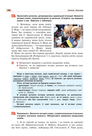 196 Синтаксис. Пунктуація
355 Прочитайте речення, дотримуючись правильної інтонації. Визначте
вставні слова, словосполучення та речення. З’ясуйте, що виражає
кожне з них. Звіртеся з таблицею.
1. Вочевидь, доля мови невід-
дільна від долі народу (В. Радчук).
2. Мова — не лише спосіб спілкування.
Вона, без сумніву, є способом мис-
лення (За С. Кримським). 3. Мовою
єднання на українській землі, отже,
й мовою прогресу може бути тільки
українська мова (І. Ющук). 4. Мова, на
думку Івана Огієнка, — то серце народу
(З підручника). 5. Може, верну
знову моє тихе слово? (Т. Шевченко).
6. Нема, ви знаєте, без кореня рослини. Людей, відомо всім, нема
без батьківщини (В. Федоренко). 7. І, здається, тисяча світів слухає
співучу Україну (О. Лупій).
Обґрунтуйте вживання в реченнях розділових знаків.
Поясніть, як ви відрізнили вставні речення від вставних слів.
Звіртеся з правилом.
Якщо в простому реченні, крім граматичної основи, є ще підмет і
присудок (я знаю, я певен, люди кажуть, ясна річ і под.) або лише присудок
(здається, кажуть, пробачте, видно тощо), це означає, що просте речення
ускладнене реченням вставним.
Отже, вставні речення за будовою можуть бути:
двоскладні: Нашій молоді, я певен, не страшно довірити країну
(В. Курінський);
односкладні: Кожна людина, міркую собі, сама вибудовує свій
шлях (А. Любка).
В основне речення вставне речення включають за допомогою
сполучників або сполучних слів (Брати жили, як то кажуть, душа в душу
(М. Рильський) або без сполучників (Руки в діда, кажуть люди, золоті
(А. Малишко).
Вставні речення мають ті самі значення, що й вставні слова
і словосполучення.
356 Перепишіть. Визначте вставні слова, словосполучення й речення,
з’ясуйте значення кожного. Обґрунтуйте вживання розділових
знаків.
1. Я не гірший за інших, на щастя, і за інших не кращий,
на жаль (В. Забаштанський). 2. Мабуть, більшість із нас думає,
що його вдача, либонь, найкраща (М. Стельмах). 3. Твоя душа,
 