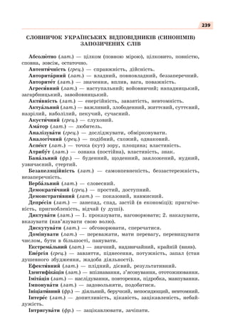 239
СЛОВНИЧОК УКРАЇНСЬКИХ ВІДПОВІДНИКІВ (СИНОНІМІВ)
ЗАПОЗИЧЕНИХ СЛІВ
Абсолþтно (лат.) — цілком (повною мірою), цілковито, повністю,
сповна, зовсім, остаточно.
Автентèчність (грец.) — справжність, дійсність.
Авторитàрний (лат.) — владний, повновладний, беззаперечний.
Авторитåт (лат.) — значення, вплив, вага, поважність.
Агресèвний (лат.) — наступальний; войовничий; нападницький,
загарбницький, завойовницький.
Актèвність (лат.) — енергійність, завзятість, невтомність.
Актуàльний (лат.) — важливий, злободенний, життєвий, суттєвий,
назрілий, наболілий, пекучий, сучасний.
Акустèчний (грец.) — слуховий.
Амàтор (лат.) — любитель.
Аналізувàти (грец.) — досліджувати, обмірковувати.
Аналог³чний (грец.) — подібний, схожий, однаковий.
Аспåкт (лат.) — точка (кут) зору, площина; властивість.
Атрибóт (лат.) — ознака (постійна), властивість, знак.
Банàльний (фр.) — буденний, щоденний, заяложений, нудний,
узвичаєний, стертий.
Безапеляц³йність (лат.) — самовпевненість, беззастережність,
незаперечність.
Вербàльний (лат.) — словесний.
Демократèчний (грец.) — простий, доступний.
Демонстратèвний (лат.) — показовий, навмисний.
Депрåсія (лат.) — занепад, спад, застій (в економіці); пригніче-
ність, пригнобленість, відчай (у душі).
Диктувàти (лат.) — 1. проказувати, наговорювати; 2. наказувати,
вказувати (нав’язувати свою волю).
Дискутувàти (лат.) — обговорювати, сперечатися.
Домінувати (лат.) — переважати, мати перевагу, перевищувати
числом, бути в більшості, панувати.
Екстремàльний (лат.) — значний, надзвичайний, крайній (вияв).
Енåргія (грец.) — завзяття, піднесення, потужність, запал (стан
душевного збудження, жадоба діяльності).
Ефектèвний (лат.) — плідний, дієвий, результативний.
Ідентифікàція (лат.) — впізнавання, з’ясовування, ототожнювання.
Імітàція (лат.) — наслідування, повторення, підробка, мавпування.
Імпонувàти (лат.) — задовольняти, подобатися.
Ініціатèвний (фр.) — діяльний, беручкий, непосидющий, невтомний.
Інтерåс (лат.) — допитливість, цікавість, зацікавленість, небай-
дужість.
Інтригувàти (фр.) — зацікавлювати, зачіпати.
 