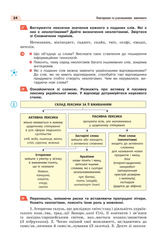 24 Повторення та узагальнення вивченого
27 Витлумачте лексичне значення кожного з поданих слів. Які з
них є неологізмами? Дайте визначення неологізмові. Звіртеся
зі Словничком термінів.
Нетизянин, вікіпедист, ґаджет, скайп, твіт, селфі, емодзі,
нетспік.
Що об’єднує ці слова? Висловте своє ставлення до поширення
інформаційних технологій.
Поясніть, чому серед неологізмів багато іншомовних слів, зокрема
англіцизмів.
Які з поданих слів можна замінити українськими відповідниками?
До слів, які не мають відповідників, спробуйте такі відповідники
придумати (тобто створіть неологізми). Чим ви керувалися, ви-
гадуючи нові слова?
28 Ознайомтеся зі схемою. Розкажіть про активну й пасивну
лексику української мови. У відповіді дотримуйтеся наукового
стилю.
АКТИВНА ЛЕКСИКА
вільно вживається в живому
щоденному спілкуванні
в усіх сферах людського
суспільства
хліб, вода, пшениця, мати,
стіл, сорочка, зелений
Застарілі слова
вийшли або виходять
з активного словника
Архаїзми
назви понять і явищ,
витіснені іншими
словами, які є сьогодні
загальновживаними
пря (битва),
тать (злодій),
ниткоплут (ткач)
Історизми
вийшли з ужитку у зв’язку
зі зникненням понять,
що їх називали
боярин,
панщина,
плахта,
очкур,
свита
Нові слова
(неологізми)
входять до активного
словника
для називання нових
предметів і явищ:
блог
(інтернет-щоденник),
наноробот
(автоматичний
пристрій розміром
з молекулу),
інстаграм
(додаток до айфона)
ПАСИВНА ЛЕКСИКА
зрозуміла всім, але маловживана
у щоденному спілкуванні
СКЛАД ЛЕКСИКИ ЗА ЇЇ ВЖИВАННЯМ
29 Перепишіть, знімаючи риски та вставляючи пропущені літери.
Укажіть неологізми, поясніть їхню роль у мовленні.
1. Історична галузь, що досліджує світо/гляд і діяльність україн-
ського коза..тва, трад..ції Запоро..ької Січі, її контакти і зв’язки
із західно/європейським світом, наз..вається козако/знавством
(З підручника). 2. Чесно оцінюй свої можливості, не/вдаючись до
само/зв..личення й само/м..лування (З газети). 3. Дехто зі школя-
 