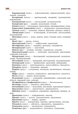240 Довідкове бюро
Кардинàльний (лат.) — найголовніший, найважливіший; ґрун-
товний, основний.
Колорèтний (італ.) — оригінальний, яскравий, мальовничий,
живописний.
Компром³сний (лат.) — поступливий, половинчастий.
Конкрåтний (фр.) — певний, визначений, чіткий.
Контàкт (лат.) — спілкування, порозуміння, взаєморозуміння, згода.
Коректувàти (коригувàти) (лат.) — виправляти, удосконалювати.
Легåнда (лат.) — сказання, переказ, фантазія, вигадка, повір’я.
Ліберàльний (лат.) — м’якосердий, м’якотілий, поступливий;
вільнодумний.
Магістрàль (лат.) — шлях, дорога; перен. Головна лінія, основний
напрям.
Макåт (фр.) — зразок, зліпок.
Максимàльний (лат.) — найбільший, граничний.
Містифікàція (грец.) — підробка, розіграш, шахрайство.
Меморіàльний (лат.) — пам’ятний.
Монстр (фр.) — потвора, почвара, чудовисько; лиходій.
Монументàльний (лат.) — величний, ґрунтовний, змістовний,
глибокий (змістом).
Нейтрàльний (лат.) — безсторонній, неупереджений, незацікав-
лений, безпристрасний.
Об’єктèвний (лат.) — правдивий, безсторонній, неупереджений.
Оптимàльний (лат.) — прийнятний, зразковий, найкращий.
Оптим³зм (лат.) — життєрадісність, життєлюбність, бадьорість.
Панорàма (грец.) — видовище, краєвид.
Парîдія (грец.) — глузування, насмішка, висміювання, імітація,
сатира.
Пàфос (грец.) — наснага, піднесеність, пристрасність, пихатість.
Пієтåт (нім.) — повага, благоговіння.
Позитèвний (лат.) — ствердний; привабливий, схвальний (про
відгук); порядний (про людину).
Поліфон³чність (симфонічність) (грец.) — багатоголосся.
Потенціàл (лат.) — здатність, можливість.
Потенц³йний (лат.) — можливий, мислимий, прихований (ворог).
Прагматèзм (грец.) — практичність, приземленість.
Проблåма (грец.) — складність, утруднення, перешкода; питання, за-
дача.
Провокàція (лат.) — підбурювання, виклик.
Прогрåс (лат.) — поступ, удосконалення, просування.
Пропозèція (грец.) — порада, припис.
Протåст (нім.) — заперечення, спротив, протистояння, незгода.
Реàльність (лат.) — дійсність, справжність, правдивість.
Ризикувàти (грец.) — насмілитися, відважитися.
Ромàнтика (фр.) — незвичайність, казковість, піднесення.
 