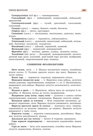 241
Словничок фразеологізмів
Самореалізàція (від фр.) — самовираження.
Сенсац³йний (фр.) — неймовірний, невірогідний, небувалий,
вражаючий.
Сентиментàльний (фр.) — чулий, уразливий, сльозливий,
плаксивий.
Скандàл (грец.) — сварка, бешкет; ганьба, безчестя.
Спірàль (фр.) — виток, круговорот.
Спонтàнно (лат.) — несподівано, неочікувано, довільно, мимо-
вільно.
Толерàнтність (лат.) — терпимість, поблажливість.
Унікàльний (лат.) — рідкісний, винятковий, небачений, нечува-
ний. Антоніми: звичайний, поширений.
Фактèчний (лат.) — дійсний, справжній, наявний.
Фатàльний (фр.) — неминучий, невідворотний.
Фрагмåнт (фр.) — частина, уривок, уламок, залишок; епізод.
Хаотèчний (від грец.) — безладний, невпорядкований, незлаго-
джений (про рух); плутаний, незв’язний (про вислів); незібраний,
непослідовний, неорганізований (про людину).
СЛОВНИЧОК ФРАЗЕОЛОГІЗМІВ
Бити чолом, заст. — 1. Низько вклонятися комусь, шанобливо
вітати когось. 2. Уклінно просити когось про щось. Виражає по-
чуття поваги.
Взяти гору — перемогти, подолати, переважити когось.
Відводити (відвести) душу — 1. Звірятися кому-небудь, ділитися
своїми думками, переживаннями, намірами і т. ін. 2. Заспокоювати,
розраювати кого-небудь. Виражає почуття заспокоєності, полегшен-
ня, втіхи.
Віддати в архів — 1. Відкинути, забути щось як застаріле й не-
потрібне. 2. Визнати когось до чогось непридатним.
Відкривати душу (кому, перед ким) — ділитися з кимось своїми
переживаннями, думками, таємницями. Виражає почуття довіри.
Відчувати крила за плечима — бути сповненим натхнення, ду-
шевного піднесення, сили. Виражає почуття впевненості, натхнення.
Виросли (ростуть) крила (в когось) — відчувати силу, енергію,
спроможність до великих звершень, до подвигу. Виражає почуття
впевненості у своїх силах.
Втратити голову — втратити самовладання, розгубитися. Вира-
жає почуття розгубленості, відчаю.
Докладати рук (до чогось) — багато й старанно працювати.
Гори вернути (перевернути) — виконувати надзвичайно важку
роботу.
Горя не знати — бути усім задоволеним, спокійно жити. Виражає
почуття задоволення, безпеки, спокою.
 
