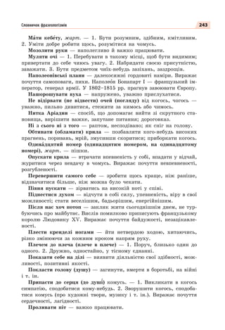 243
Словничок фразеологізмів
Мàти кебåту, жарт. — 1. Бути розумним, здібним, кмітливим.
2. Уміти добре робити щось, розумітися на чомусь.
Мозолити руки — наполегливо й важко працювати.
Муляти очі — 1. Перебувати в такому місці, щоб бути видимим;
привертати до себе чиюсь увагу. 2. Набридати своєю присутністю,
заважати. 3. Бути предметом чиїх-небудь зазіхань, заздрощів.
Наполеонівські плани — далекосяжні гордовиті наміри. Виражає
почуття самоповаги, пихи. Наполеîн Бонапарт І — французький ім-
ператор, генерал армії. У 1802–1815 рр. прагнув завоювати Європу.
Нашорошувати вуха — напружено, уважно прислухатися.
Не відірвати (не відвести) очей (погляду) від когось, чогось —
уважно, пильно дивитися, стежити за кимось або чимось.
Нитка Аріадни — спосіб, що допомагає вийти зі скрутного ста-
новища, вирішити важке, запутане питання; дороговказ.
Ні з сього ні з того — раптом, несподівано; як сніг на голову.
Обтинати (обламати) крила — позбавляти кого-небудь високих
прагнень, поривань, мрій, змусивши скоритися; приборкати когось.
Одинàдцятий номер (одинадцятим номером, на одинадцятому
номері), жарт. — пішки.
Опускати крила — втрачати впевненість у собі, впадати у відчай,
журитися через невдачу в чомусь. Виражає почуття невпевненості,
розгубленості.
Перевершити самого себе — зробити щось краще, ніж раніше,
відзначитися більше, ніж можна було чекати.
Півня пускати — зірватись на високій ноті у співі.
Піднестися духом — відчути в собі силу, упевненість, віру в свої
можливості; стати веселішим, бадьорішим, енергійнішим.
Після нас хоч потоп — заклик жити сьогоднішнім днем, не тур-
буючись про майбутнє. Вислів помилково приписують французькому
королю Людовику XV. Виражає почуття байдужості, незацікавле-
ності.
Плести кренделі ногами — йти нетвердою ходою, хитаючись,
різко змінюючи за кожним кроком напрям руху.
Плечем до плеча (плече в плече) — 1. Поруч, близько один до
одного. 2. Дружно, одностайно, у тісному єднанні.
Показати себе на ділі — виявити діяльністю свої здібності, мож-
ливості, позитивні якості.
Покласти голову (душу) — загинути, вмерти в боротьбі, на війні
і т. ін.
Припасти до серця (до душ³) комусь. — 1. Викликати в когось
симпатію, сподобатися кому-небудь. 2. Зворушити когось, сподоба-
тися комусь (про художні твори, музику і т. ін.). Виражає почуття
сердечності, лагідності.
Проливати піт — важко працювати.
 