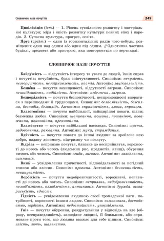249
Словничок назв почуттів
Цивілізàція (іст.) — 1. Рівень суспільного розвитку і матеріаль-
ної культури; міра і якість розвитку культури певних епох і наро-
дів. 2. Сучасна культура, прогрес, освіта.
ßрус (архіт.) — один із горизонтальних рядів чого-небудь, роз-
міщених один над одним або один під одним. /
/ Однотипна частина
будівлі, предмета або пристрою, яка повторюється по вертикалі.
СЛОВНИЧОК НАЗВ ПОЧУТТІВ
Байдóжість — відсутність інтересу та уваги до людей, їхніх справ
і почуттів; нечуйність, брак співчутливості. Синоніми: нечулість,
незворушність, незацікавленість, апатія. Антонім: зацікавленість.
Безпåка — почуття захищеності, відсутності загрози. Синоніми:
нешкідливість, надійність. Антоніми: небезпека, загроза.
Безпорàдність — почуття безпомічності, неспроможності впорати-
ся з перешкодами й труднощами. Синоніми: безпомічність, безсил-
ля, безнадія, безвихідь. Антоніми: спроможність, змога, спромога.
Благогов³ння — почуття найбільшої, найщирішої поваги, шани;
безмежна любов. Синоніми: шанування, пошана, пошанівок, пова-
жання, поклоніння, преклоніння.
Блажåнство — почуття найбільшої насолоди. Синоніми: щастя,
задоволення, раювання. Антоніми: мука, страждання.
Вдÿчність — почуття поваги до іншої людини за зроблене нею
добро, надану допомогу, підтримку чи послугу.
Відрàза — неприязне почуття, близьке до несприйняття, ворожос-
ті до когось або чогось (людських рис, предметів, явищ), обурення
кимось або чимось. Синоніми: огида, зневага. Антоніми: захоплення,
симпатія.
Винà — усвідомлення причетності, відповідальності за негідний
вчинок або злочин. Синонім: провина. Антоніми: безневинність,
невинуватість.
Ворîжість — почуття недоброзичливості, ворожнечі, ненави-
сті до когось або чогось. Синоніми: неприязнь, недоброзичливість,
нелюб’язність, озлобленість, антипатія. Антоніми: дружба, това-
риськість, єдність.
Г³дність — усвідомлення людиною своєї громадської ваги, по-
трібності, корисності іншим людям. Синоніми: самоповага, достоїн-
ство, гордість. Антоніми: недостойність, упослідження.
Гнів — почуття обурення, роздратування у відповідь на зло (об-
разу, несправедливість), заподіяне людині, її близьким, або спря-
моване проти того, що людина вважає для себе цінним. Синоніми:
злість, лють, шаленство.
 