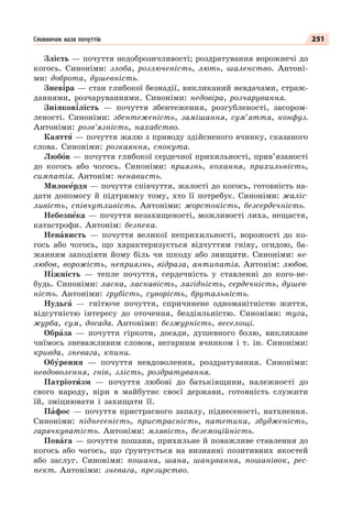 251
Злість — почуття недоброзичливості; роздратування ворожнечі до
когось. Синоніми: злоба, розлюченість, лють, шаленство. Антоні-
ми: доброта, душевність.
Знев³ра — стан глибокої безнадії, викликаний невдачами, страж-
даннями, розчаруваннями. Синоніми: недовіра, розчарування.
Зніяков³лість — почуття збентеження, розгубленості, засором-
леності. Синоніми: збентеженість, замішання, сум’яття, конфуз.
Антоніми: розв’язність, нахабство.
Каяттÿ — почуття жалю з приводу здійсненого вчинку, сказаного
слова. Синоніми: розкаяння, спокута.
Любîв — почуття глибокої сердечної прихильності, прив’язаності
до когось або чогось. Синоніми: приязнь, кохання, прихильність,
симпатія. Антонім: ненависть.
Милосåрдя — почуття співчуття, жалості до когось, готовність на-
дати допомогу й підтримку тому, хто її потребує. Синоніми: жаліс-
ливість, співчутливість. Антоніми: жорстокість, безсердечність.
Небезпåка — почуття незахищеності, можливості лиха, нещастя,
катастрофи. Антонім: безпека.
Ненàвисть — почуття великої неприхильності, ворожості до ко-
гось або чогось, що характеризується відчуттям гніву, огидою, ба-
жанням заподіяти йому біль чи шкоду або знищити. Синоніми: не-
любов, ворожість, неприязнь, відраза, антипатія. Антонім: любов.
Н³жність — тепле почуття, сердечність у ставленні до кого-не-
будь. Синоніми: ласка, ласкавість, лагідність, сердечність, душев-
ність. Антоніми: грубість, суворість, брутальність.
Нудьгà — гнітюче почуття, спричинене одноманітністю життя,
відсутністю інтересу до оточення, бездіяльністю. Синоніми: туга,
журба, сум, досада. Антоніми: безжурність, веселощі.
Обрàза — почуття гіркоти, досади, душевного болю, викликане
чиїмось зневажливим словом, негарним вчинком і т. ін. Синоніми:
кривда, зневага, кпини.
Обóрення — почуття невдоволення, роздратування. Синоніми:
невдоволення, гнів, злість, роздратування.
Патріотèзм — почуття любові до батьківщини, належності до
свого народу, віри в майбутнє своєї держави, готовність служити
їй, зміцнювати і захищати її.
Пàфос — почуття пристрасного запалу, піднесеності, натхнення.
Синоніми: піднесеність, пристрасність, патетика, збудженість,
гарячкуватість. Антоніми: млявість, беземоційність.
Повàга — почуття пошани, прихильне й поважливе ставлення до
когось або чогось, що ґрунтується на визнанні позитивних якостей
або заслуг. Синоніми: пошана, шана, шанування, пошанівок, рес-
пект. Антоніми: зневага, презирство.
Словничок назв почуттів
 