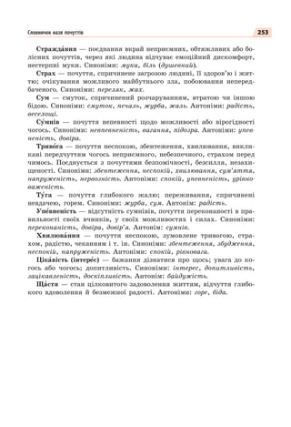 253
Страждàння — поєднання вкрай неприємних, обтяжливих або бо-
лісних почуттів, через які людина відчуває емоційний дискомфорт,
нестерпні муки. Синоніми: мука, біль (душевний).
Страх — почуття, спричинене загрозою людині, її здоров’ю і жит-
тю; очікування можливого майбутнього зла, побоювання неперед-
баченого. Cиноніми: переляк, жах.
Сум — смуток, спричинений розчаруванням, втратою чи іншою
бідою. Синоніми: смуток, печаль, журба, жаль. Антоніми: радість,
веселощі.
Сóмнів — почуття непевності щодо можливості або вірогідності
чогось. Синоніми: невпевненість, вагання, підозра. Антоніми: упев-
неність, довіра.
Тривîга — почуття неспокою, збентеження, хвилювання, викли-
кані передчуттям чогось неприємного, небезпечного, страхом перед
чимось. Поєднується з почуттями безпомічності, безсилля, незахи-
щеності. Синоніми: збентеження, неспокій, хвилювання, сум’яття,
напруженість, нервозність. Антоніми: спокій, упевненість, урівно-
важеність.
Тóга — почуття глибокого жалю; переживання, спричинені
невдачею, горем. Синоніми: журба, сум. Антонім: радість.
Упåвненість — відсутність сумнівів, почуття переконаності в пра-
вильності своїх вчинків, у своїх можливостях і силах. Синоніми:
переконаність, довіра, довір’я. Антонім: сумнів.
Хвилювàння — почуття неспокою, зумовлене тривогою, стра-
хом, радістю, чеканням і т. ін. Синоніми: збентеження, збудження,
неспокій, напруженість. Антоніми: спокій, рівновага.
Цікàвість (інтерåс) — бажання дізнатися про щось; увага до ко-
гось або чогось; допитливість. Синоніми: інтерес, допитливість,
зацікавленість, доскіпливість. Антонім: байдужість.
Щàстя — стан цілковитого задоволення життям, відчуття глибо-
кого вдоволення й безмежної радості. Антоніми: горе, біда.
Словничок назв почуттів
 