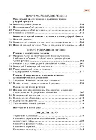 255
ПРОСТЕ ОДНОСКЛАДНЕ РЕЧЕННЯ
Односкладні прості речення з головним членом
у формі присудка
20. Означено-особові речення..................................................130
21. Неозначено-особові речення...............................................139
22. Узагальнено-особові речення .............................................142
23. Безособові речення ...........................................................144
Односкладні прості речення з головним членом у формі підмета
24. Називні речення ..............................................................148
25. Односкладні речення як частини складного речення...........154
26. Повні й неповні речення. Тире в неповних реченнях ..........156
ПРОСТЕ УСКЛАДНЕНЕ РЕЧЕННЯ
Речення з однорідними членами
27. Однорідні члени зі сполучниковим, безсполучниковим
і змішаним зв’язком. Розділові знаки при однорідних
членах речення....................................................................... 162
28. Речення з кількома рядами однорідних членів ...................167
29. Однорідні й неоднорідні означення ....................................174
30. Узагальнювальні слова в реченнях
з однорідними членами.....................................................177
Речення зі звертаннями, вставними словами,
словосполученнями, реченнями
31. Звертання. Розділові знаки при звертанні..........................184
32. Вставні слова, словосполучення і речення..........................194
Відокремлені члени речення
33. Поняття про відокремлення. Відокремлені другорядні
члени речення. Відокремлені означення.............................202
34. Відокремлені прикладки...................................................208
35. Відокремлені обставини ....................................................213
36. Відокремлені додатки .......................................................219
37. Уточнювальні члени речення ............................................223
Повторення в кінці року ..................................................228
ДОВІДКОВЕ БЮРО
Тлумачний словничок.......................................................233
Словничок українських відповідників (синонімів)
запозичених слів..............................................................239
Словничок фразеологізмів.................................................241
Словничок термінів ..........................................................244
Словничок назв почуттів...................................................249
 