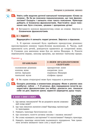 32 Повторення та узагальнення вивченого
46 Уявіть себе ведучим дитячої навчальної телепрограми «Слово за
словом». Як би ви пояснили першокласникам, що таке фразео-
логізми? Складіть і запишіть план такого пояснення. Приклади
доберіть зі Словничка фразеологізмів. Пам’ятайте: ваше пояс-
нення має бути стислим, цікавим і зрозумілим дітям!
Витлумачте значення фразеологізму слово за словом. Звіртеся зі
Словничком фразеологізмів.
47 Я — РЕДАКТОР
Відредагуйте й запишіть подані речення. Звіртеся з підказкою.
1. З причин економії було прийняте прокрустове рішення:
проілюструвати книжку чорно-білими малюнками. 2. Часом, щоб
приховати суть речей, доводиться вдаватися до сократової мови.
3. Словник для вивчення мови був як нитка Пандори. 4. Ушосте
переписуючи вправу, школяр зрозумів, що виконує танталову працю.
Підказка
ПРАВИЛЬНО
З ЯКИМ ФРАЗЕОЛОГІЗМОМ
СПЛУТАНО
соломонове рішення
езопова мова
нитка Аріадни
танталові муки
прокрустове ложе
сократове чоло
скринька Пандори
сізіфова праця
Які норми літературної мови було порушено в реченнях?
48 Складіть розповідь з елементами роздуму «Яким я уявляю своє
майбутнє» (обсяг — 7–8 речень). Для передавання почуттів ви-
користайте фразеологізми (на вибір): докласти сил, показати
себе на ділі; виросли крила; відвести (відводити) душу тощо).
Я ЗНАЮ! Я ВМІЮ! Я МОЖУ!
1. Що вивчає лексикологія? Як ви розумієте вислів словнико-
вий склад мови?
2. Що таке лексичне значення слова? Відповідь проілюструй-
те прикладами.
3. Наведіть приклади багатозначних слів.
4. Що означають поняття активна лексика і пасивна лексика?
5. Які слова називають застарілими? А неологізмами? Наведіть приклади.
6. Наведіть приклади неологізмів іншомовного походження. Чим зумов-
лене активне вживання таких слів у нашій мові?
 