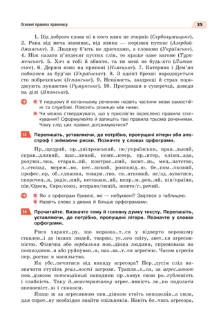 35
Основні правила правопису
1. Від доброго слова ні в кого язик не зчорніє (Серболужицьке).
2. Рана від меча заживає, від язика — коріння пускає (Азербай-
джанське). 3. Людину б’ють не дрючками, а словами (Українське).
4. Ніж казати п’ятдесят пустих слів, то краще одне вагоме (Турк-
менське). 5. Хоч я тобі й абихто, та ти мені не будь-хто (Литов-
ське). 6. Держи язик на припоні (Німецьке). 7. Катерина і Дем’ян
побилися за бур’ян (Українське). 8. З однієї брехні народжується
сто побрехеньок (Іспанське). 9. Ненàвисть, заздрощі й страх поро-
джують лукавство (Румунське). 10. Програвши в суперечці, доведи
на ділі (Японське).
У першому й останньому реченнях назвіть частини мови самостій-
ні та службові. Поясніть різницю між ними.
Чи можна стверджувати, що у прислів’ях окреслено правила спіл-
кування? Сформулюйте й запишіть такі правила трьома реченнями.
Чому слід цих правил дотримуватися?
53 Перепишіть, уставляючи, де потрібно, пропущені літери або апо-
строф і знімаючи риски. Позначте у словах орфограми.
Пр..щедрий, пр..дніпровський, по/українськи, прав..льний,
справ..дливий, щас..ливий, комп..ютер, пр..нтер, олімп..ада,
розумн..чка, старан..ий, контрас..ний, жовт..нь, мец..натство,
л..стопад, мереж..во, пес..ливий, розповід..ю, бе..пом..лковий,
профес..ор, об..єднання, товари..тво, св..ятковий, не/зд..вуватися,
скорочен..я, радіс..ний, несказан..ий, непр..м..рен..ий, пів/країни,
пів/Одеси, Євро/союз, яскраво/синій, жовто/г..рячий.
Які з орфограм буквені, які — небуквені? Звіртеся з таблицею.
Назвіть слова з двома й більше орфограмами.
54 Прочитайте. Визначте тему й головну думку тексту. Перепишіть,
уставляючи, де потрібно, пропущені літери. Позначте у словах
орфограми.
Риса характ..ру, що виража..т..ся у відверто ворожому
ставлен..і до інших людей, тварин, ус..ого світу, звет..ся агресив-
ністю. Фізична або вербальна пов..дінка людини, спрямована на
пошкоджен..я або руйнуван..я, наз..ва..т..ся агресією. Часом агресія
пер..ростає в насильство.
Як убе..печитися від нападу агресора? Пер..дусім слід ви-
значити ступінь реал..ності загрози. Трапля..т..ся, за агрес..ивною
пов..дінкою потенційний нападник пр..ховує свою ро..губленість
і слабкість. Таку д..монстративну агрес..ивність ле..ко подолати
впевненіст..ю і спокоєм.
Якщо ж за агресивною пов..дінкою стоїть неподолàн..а сила,
для спрот..ву необхідно знайти спільників. Навіть бо..чись агресора,
 