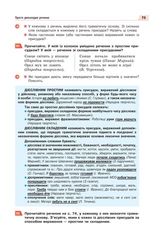73
Просте двоскладне речення
У кожному з речень виділено його граматичну основу. Зі скількох
слів складається в кожному з речень присудок? Назвіть ці слова.
Якою частиною мови (або частинами мови) виражений кожен із
присудків?
101 Прочитайте. У якій із колонок уміщено речення з простим при-
судком? У якій — речення зі складеними присудками?
Сонце світить у віконце
(Народна творчість).
Орел мух не ловить
(Народна творчість).
Сонце почало пробиватися
крізь туман (Панас Мирний).
Орел літать не може в зграї
(В. Черепков).
Які присудки дають змогу передавати більше відтінків у значенні?
Поясніть.
ДІЄСЛІВНИМ ПРОСТИМ називають присудок, виражений дієсловом
у дійсному, умовному або наказовому способі, у формі будь-якого часу
й особи: Історія не любить нещасних і лінивих (С. Глузман), а також неозначе-
ною формою дієслова: Здружений народ не перемогти (Народна творчість).
Так само до простих дієслівних присудків належать:
присудки, виражені складеною формою майбутнього часу дієслова:
Я буду боротися словом (О. Максимишин);
присудки, виражені фразеологізмами: Роботящі руки гори вернуть
(Народна творчість).
ДІЄСЛІВНИМ СКЛАДЕНИМ називають присудок, виражений допоміж-
ним словом, що передає граматичне значення підмета в поєднанні з
неозначеною формою дієслова, яка виражає основне лексичне значення.
Допоміжними словами бувають:
дієслова зі значенням можливості, бажаності, необхідності, початку,
розгортання чи звершення дії: могти, хотіти, мусити, уміти, пробувати,
стати, мати, намагатись, поспішати, готуватись, збирати, вирішити, поча-
ти, перестати, закінчити і под.: Увечері люди почали сходитись (Панас
Мирний); У засланні Шевченко продовжував малювати (З підручника);
прикметники: повинен, готовий, рад, ладен, згоден, схильний, здатний,
спроможний та ін.: Про дідуся хлопець щовечора їм ладен розповідати
(О. Гончар); Я боротись за правду готовий (І. Франко);
дієприкметники: змушений, зобов’язаний, покликаний: МОЗ зобов’язане
попередити про шкідливість куріння (З газети);
прислівники: треба, можна, необхідно, слід, соромно, шкода, жаль,
пора: Треба твердо нам в бою стояти (І. Франко); До благородної мети
необхідно йти (Народна творчість);
сполучення слів: мати намір, мати змогу (можливість), не в силі (не
в змозі): Матері забуть не в силі (П. Тичина).
102 Прочитайте речення на с. 74, у кожному з них визначте грама-
тичну основу. З’ясуйте, яким є кожен із дієслівних присудків за
способом вираження — простим чи складеним.
 