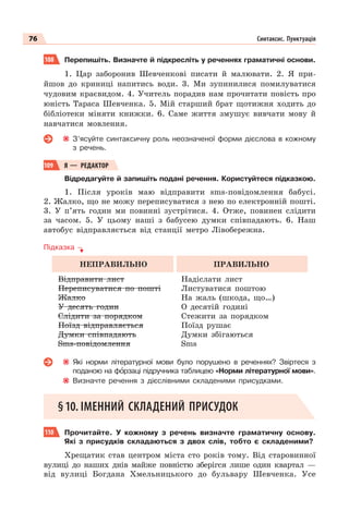 76 Синтаксис. Пунктуація
108 Перепишіть. Визначте й підкресліть у реченнях граматичні основи.
1. Цар заборонив Шевченкові писати й малювати. 2. Я при-
йшов до криниці напитись води. 3. Ми зупинилися помилуватися
чудовим краєвидом. 4. Учитель порадив нам прочитати повість про
юність Тараса Шевченка. 5. Мій старший брат щотижня ходить до
бібліотеки міняти книжки. 6. Саме життя змушує вивчати мову й
навчатися мовлення.
З’ясуйте синтаксичну роль неозначеної форми дієслова в кожному
з речень.
109 Я — РЕДАКТОР
Відредагуйте й запишіть подані речення. Користуйтеся підказкою.
1. Після уроків маю відправити sms-повідомлення бабусі.
2. Жалко, що не можу переписуватися з нею по електронній пошті.
3. У п’ять годин ми повинні зустрітися. 4. Отже, повинен слідити
за часом. 5. У цьому наші з бабусею думки співпадають. 6. Наш
автобус відправляється від станції метро Лівобережна.
Підказка
НЕПРАВИЛЬНО ПРАВИЛЬНО
Відправити лист
Переписуватися по пошті
Жалко
У десять годин
Слідити за порядком
Поїзд відправляється
Думки співпадають
Sms-повідомлення
Надіслати лист
Листуватися поштою
На жаль (шкода, що…)
О десятій годині
Стежити за порядком
Поїзд рушає
Думки збігаються
Sms
Які норми літературної мови було порушено в реченнях? Звіртеся з
поданою на фîрзаці підручника таблицею «Норми літературної мови».
Визначте речення з дієслівними складеними присудками.
§10. ІМЕННИЙ СКЛАДЕНИЙ ПРИСУДОК
110 Прочитайте. У кожному з речень визначте граматичну основу.
Які з присудків складаються з двох слів, тобто є складеними?
Хрещатик став центром міста сто років тому. Від старовинної
вулиці до наших днів майже повністю зберігся лише один квартал —
від вулиці Богдана Хмельницького до бульвару Шевченка. Усе
 