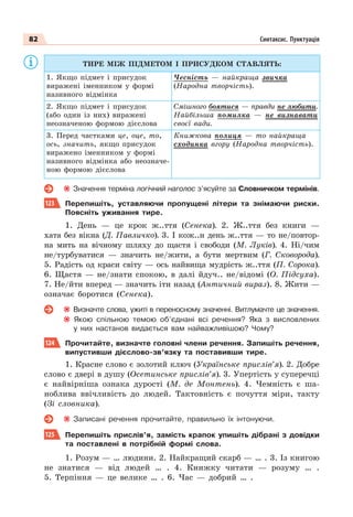 82 Синтаксис. Пунктуація
ТИРЕ МІЖ ПІДМЕТОМ І ПРИСУДКОМ СТАВЛЯТЬ:
1. Якщо підмет і присудок
виражені іменником у формі
називного відмінка
Чесність — найкраща звичка
(Народна творчість).
2. Якщо підмет і присудок
(або один із них) виражені
неозначеною формою дієслова
Смішного боятися — правди не любити.
Найбільша помилка — не визнавати
своєї вади.
3. Перед частками це, оце, то,
ось, значить, якщо присудок
виражено іменником у формі
називного відмінка або неозначе-
ною формою дієслова
Книжкова полиця — то найкраща
сходинка вгору (Народна творчість).
Значення терміна логічний наголос з’ясуйте за Словничком термінів.
123 Перепишіть, уставляючи пропущені літери та знімаючи риски.
Поясніть уживання тире.
1. День — це крок ж..ття (Сенека). 2. Ж..ття без книги —
хата без вікна (Д. Павличко). 3. І кож..н день ж..ття — то не/повтор-
на мить на вічному шляху до щастя і свободи (М. Луків). 4. Ні/чим
не/турбуватися — значить не/жити, а бути мертвим (Г. Сковорода).
5. Радість од краси світу — ось найвища мудрість ж..ття (П. Сорока).
6. Щастя — не/знати спокою, в далі йдуч.. не/відомі (О. Підсуха).
7. Не/йти вперед — значить іти назад (Античний вираз). 8. Жити —
означає боротися (Сенека).
Визначте слова, ужиті в переносному значенні. Витлумачте це значення.
Якою спільною темою об’єднані всі речення? Яка з висловлених
у них настанов видається вам найважливішою? Чому?
124 Прочитайте, визначте головнi члени речення. Запишiть речення,
випустивши дієслово-зв’язку та поставивши тире.
1. Красне слово є золотий ключ (Українське прислів’я). 2. Добре
слово є двері в душу (Осетинське прислів’я). 3. Упертiсть у суперечцi
є найвiрнiша ознака дуростi (М. де Монтень). 4. Чемнiсть є ша-
ноблива ввiчливiсть до людей. Тактовнiсть є почуття мiри, такту
(Зі словника).
Записані речення прочитайте, правильно їх інтонуючи.
125 Перепишіть прислів’я, замість крапок упишіть дібрані з довідки
та поставлені в потрібній формі слова.
1. Розум — … людини. 2. Найкращий скарб — … . 3. Із книгою
не знатися — від людей … . 4. Книжку читати — розуму … .
5. Терпіння — це велике … . 6. Час — добрий … .
 