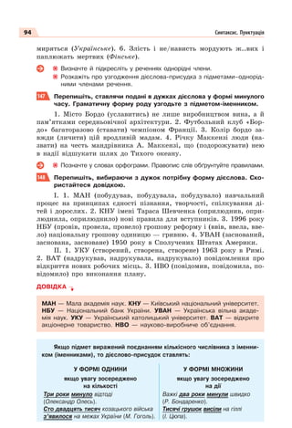 94 Синтаксис. Пунктуація
миряться (Українське). 6. Злість і не/нависть мордують ж..вих і
паплюжать мертвих (Фінське).
Визначте й підкресліть у реченнях однорідні члени.
Розкажіть про узгодження дієслова-присудка з підметами–однорід-
ними членами речення.
147 Перепишіть, ставлячи подані в дужках дієслова у формі минулого
часу. Граматичну форму роду узгодьте з підметом-іменником.
1. Місто Бордо (уславитись) не лише виробництвом вина, а й
пам’ятками середньовічної архітектури. 2. Футбольний клуб «Бор-
до» багаторазово (ставати) чемпіоном Франції. 3. Колір бордо за-
вжди (личити) цій вродливій мадам. 4. Річку Маккензі люди (на-
звати) на честь мандрівника А. Маккензі, що (подорожувати) нею
в надії відшукати шлях до Тихого океану.
Позначте у словах орфограми. Правопис слів обґрунтуйте правилами.
148 Перепишіть, вибираючи з дужок потрібну форму дієслова. Ско-
ристайтеся довідкою.
І. 1. МАН (побудував, побудувала, побудувало) навчальний
процес на принципах єдності пізнання, творчості, спілкування ді-
тей і дорослих. 2. КНУ імені Тараса Шевченка (оприлюднив, опри-
люднила, оприлюднило) нові правила для вступників. 3. 1996 року
НБУ (провів, провела, провело) грошову реформу і (ввів, ввела, вве-
ло) національну грошову одиницю — гривню. 4. УВАН (заснований,
заснована, засноване) 1950 року в Сполучених Штатах Америки.
ІІ. 1. УКУ (створений, створена, створене) 1963 року в Римі.
2. ВАТ (надрукував, надрукувала, надрукувало) повідомлення про
відкриття нових робочих місць. 3. НВО (повідомив, повідомила, по-
відомило) про виконання плану.
ДОВІДКА
МАН — Мала академія наук. КНУ — Київський національний університет.
НБУ — Національний банк України. УВАН — Українська вільна акаде-
мія наук. УКУ — Український католицький університет. ВАТ — відкрите
акціонерне товариство. НВО — науково-виробниче об’єднання.
Якщо підмет виражений поєднанням кількісного числівника з іменни-
ком (іменниками), то дієслово-присудок ставлять:
У ФОРМІ ОДНИНИ У ФОРМІ МНОЖИНИ
якщо увагу зосереджено
на кількості
якщо увагу зосереджено
на дії
Три роки минуло відтоді
(Олександр Олесь).
Сто двадцять тисяч козацького війська
з’явилося на межах України (М. Гоголь).
Важкі два роки минули швидко
(Р. Бондаренко).
Тисячі грушок висіли на гіллі
(І. Цюпа).
 