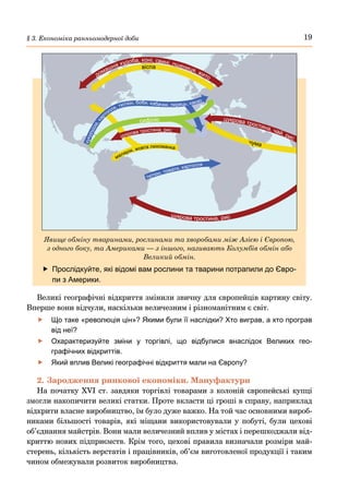 19
§ 3. Економіка ранньомодерної доби
	
f Прослідкуйте, які відомі вам рослини та тварини потрапили до Євро-
пи з Америки.
Явище обміну тваринами, рослинами та хворобами між Азією і Європою,
з одного боку, та Америками — з іншого, називають Колумбів обмін або
Великий обмін.
домашня худоба, коні, свині, пшениця, жито
віспа
к
у
к
у
р
у
д
з
а
,
к
а
ртопля, тютюн, боби, кабачки, перець, какао
сифіліс цукрова тростина, чай, рис
цукрова тростина, рис
малярія, жовта лихоманка
чума
тютюн, томати, картопля
цукрова тростина, рис
Великі географічні відкриття змінили звичну для європейців картину світу.
Вперше вони відчули, наскільки величезним і різноманітним є світ.
	
f Що таке «революція цін»? Якими були її наслідки? Хто виграв, а хто програв
від неї?
	
f Охарактеризуйте зміни у торгівлі, що відбулися внаслідок Великих гео­
графічних відкриттів.
	
f Який вплив Великі географічні відкриття мали на Європу?
2.	Зародження ринкової економіки. Мануфактури
На початку XVI ст. завдяки торгівлі товарами з колоній європейські купці
змогли накопичити великі статки. Проте вкласти ці гроші в справу, наприклад
відкрити власне виробництво, їм було дуже важко. На той час основними вироб-
никами більшості товарів, які міщани використовували у побуті, були цехові
об’єднання майстрів. Вони мали величезний вплив у містах і перешкоджали від-
криттю нових підприємств. Крім того, цехові правила визначали розміри май-
стерень, кількість верстатів і працівників, об’єм виготовленої продукції і таким
чином обмежували розвиток виробництва.
 