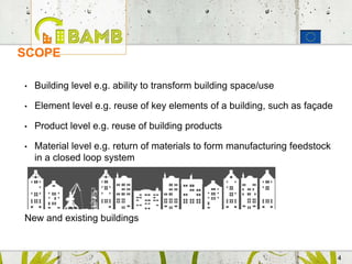 44
• Building level e.g. ability to transform building space/use
• Element level e.g. reuse of key elements of a building, such as façade
• Product level e.g. reuse of building products
• Material level e.g. return of materials to form manufacturing feedstock
in a closed loop system
New and existing buildings
SCOPE
 